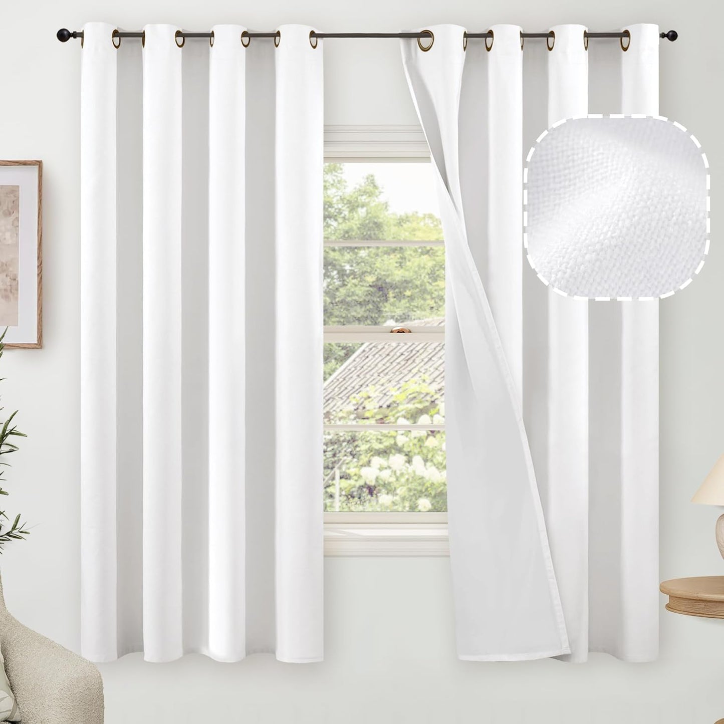 60 Inch Wide Linen Blackout Curtains for Living Room/Bedroom 84 Inch Length 2 Panels, Total Black Out Thermal Insulated Soundproof Grommet Boho Window Drapes White Liner for Modern Farmhouse, Natural