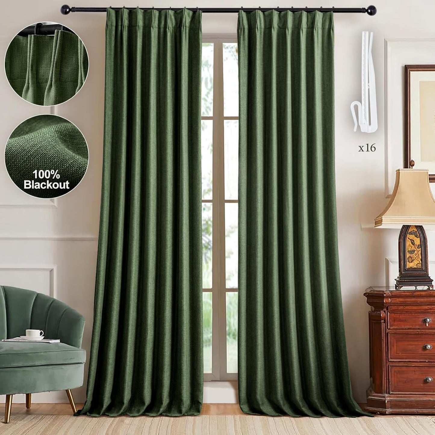 Pinch Pleated 100% Blackout Linen Curtains 95 Inches Long for Bedroom Natural Black Out Pleat Curtains for Living Dining Room Darkening Thermal Insulated Window Curtain Drapes with Pin Hooks, 2 Panels