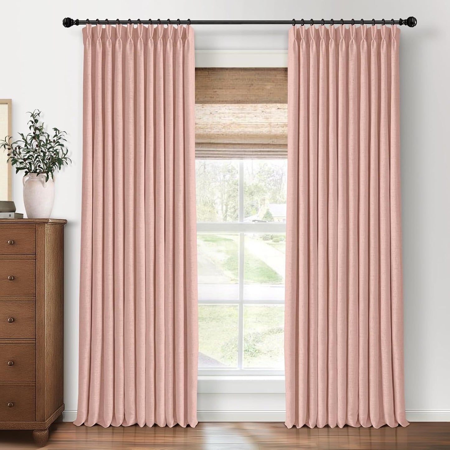 Pinch Pleated Blackout Curtains 96 Inches Long, Linen Blend, 100% Blackout Drapes with 20 Hooks, Ideal for Bedroom and Living Room, 40" W x 96" L (Pack of 2), Natural