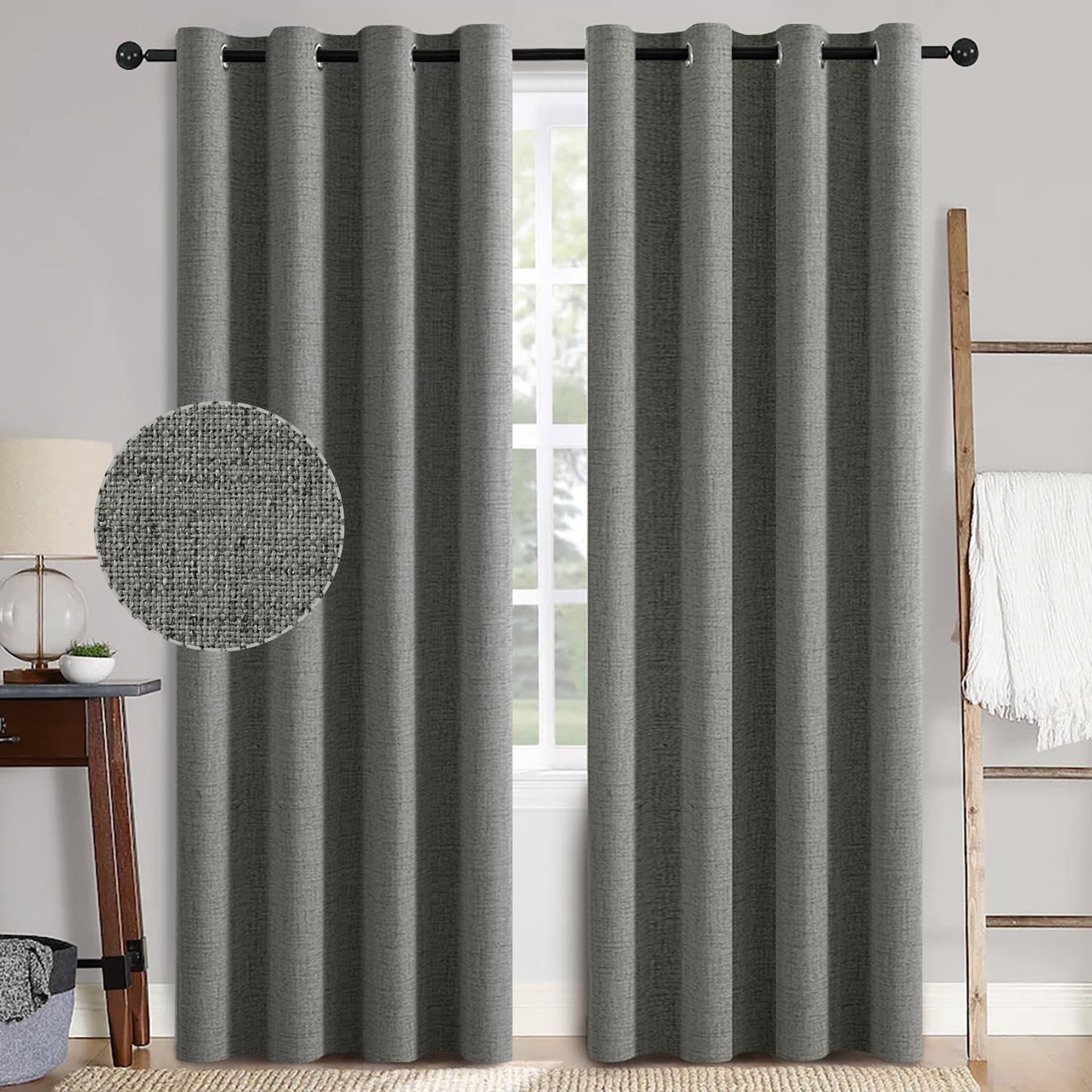 MIULEE 100% Blackout Linen Textured Curtains for Bedroom Solid Thermal Insulated Natural Beige Grommet Room Darkening Curtains & Drapes Luxury Decor for Living Room Nursery 62 x 96 Inch (2 Panels)