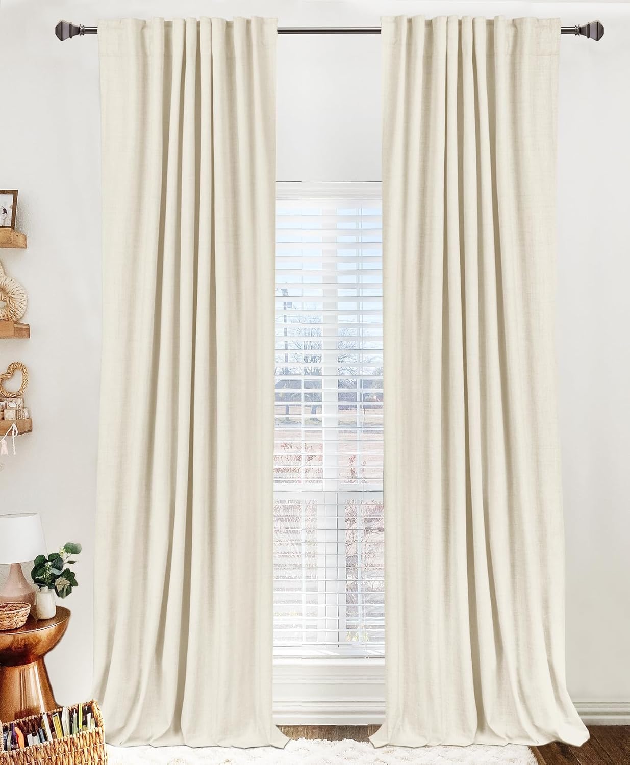 100% Blackout Shield Linen Blackout Curtains for Bedroom 120 Inches Long, Back Tab/Rod Pocket Living Room Drapes, Thermal Insulated Blackout Curtains 2 Panels Set, 50" W x 120" L, Faux Linen