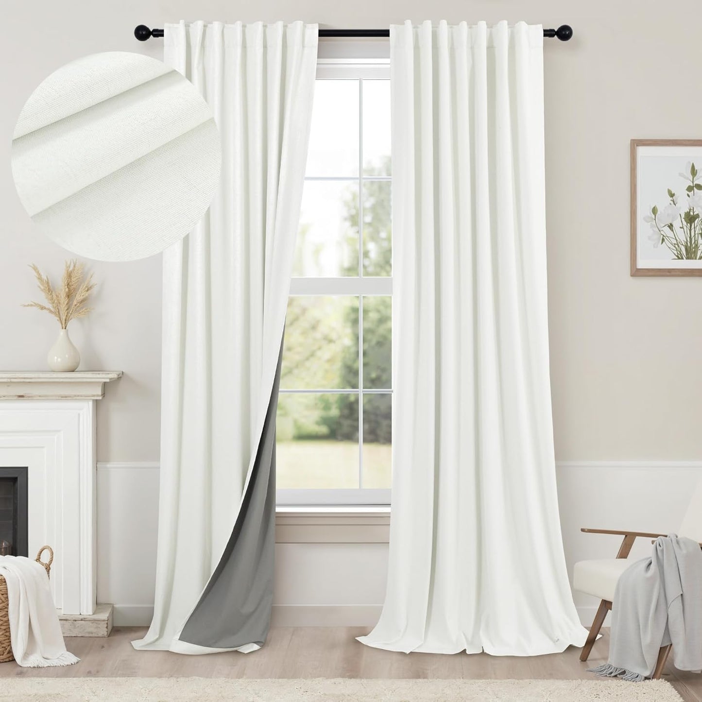 Cream Linen Black Out Curtains 70 Inches Extra Wide for Living Room 2 Panels Back Tab Pocket Pleated Ivory Blackout Bedroom for 72 Inches Window Curtain 84 Inch Long Thermal Room Darkening Heavy Drape
