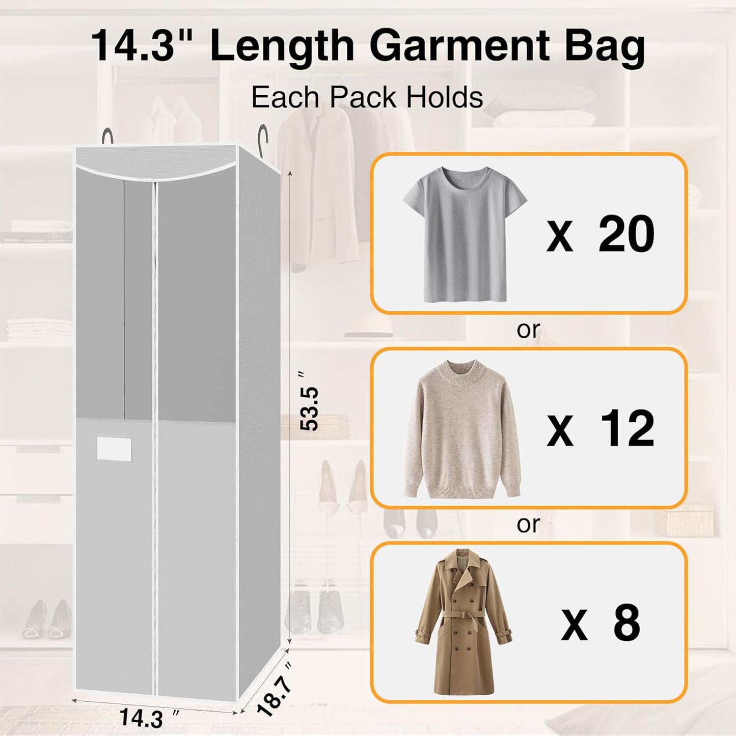STO STO 2 Pack Garment Bag for Hanging Clothes Closet, Hanging Garment Cover with Built-in Steel Hanging Rod, Hanging Wardrobe Storage Bag for Suit, Dress with Clear Window, Zipper, ID Window, Gray