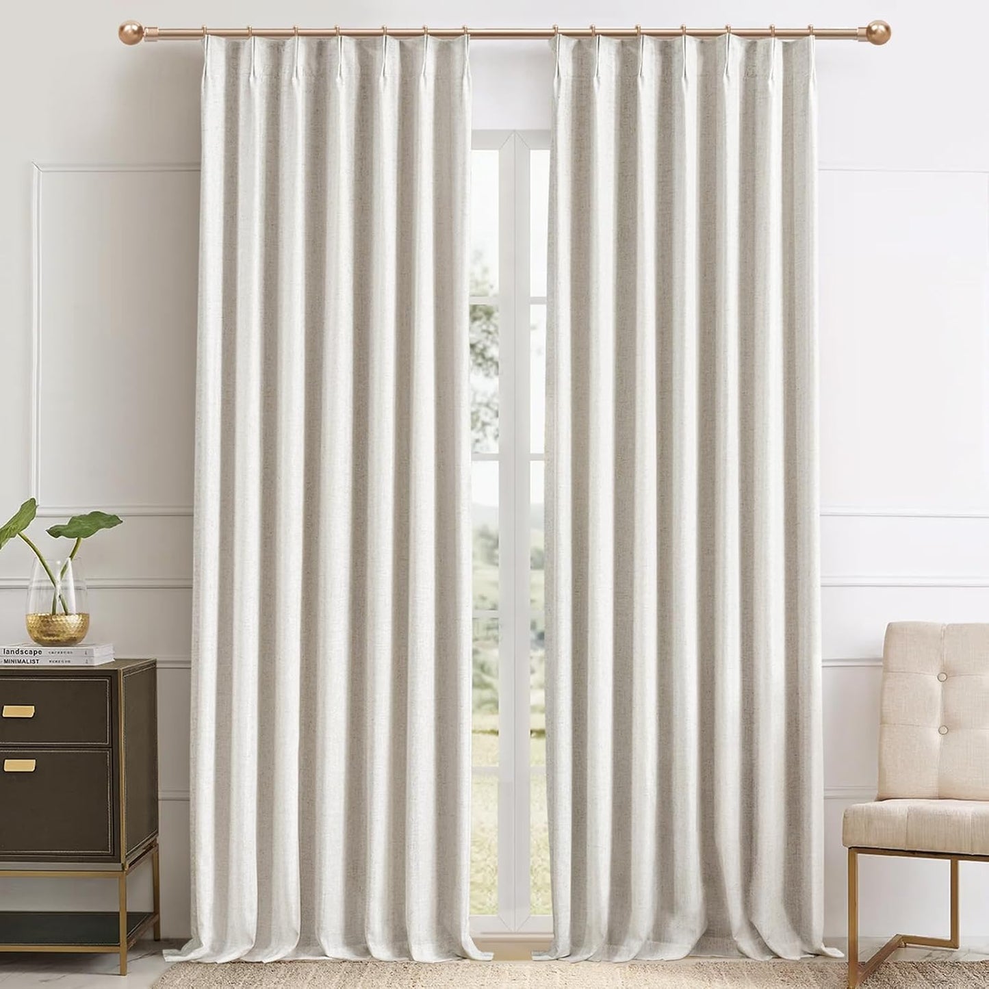 Pinch Pleated 100% Blackout Linen Curtains 95 Inches Long for Bedroom Natural Black Out Pleat Curtains for Living Dining Room Darkening Thermal Insulated Window Curtain Drapes with Pin Hooks, 2 Panels