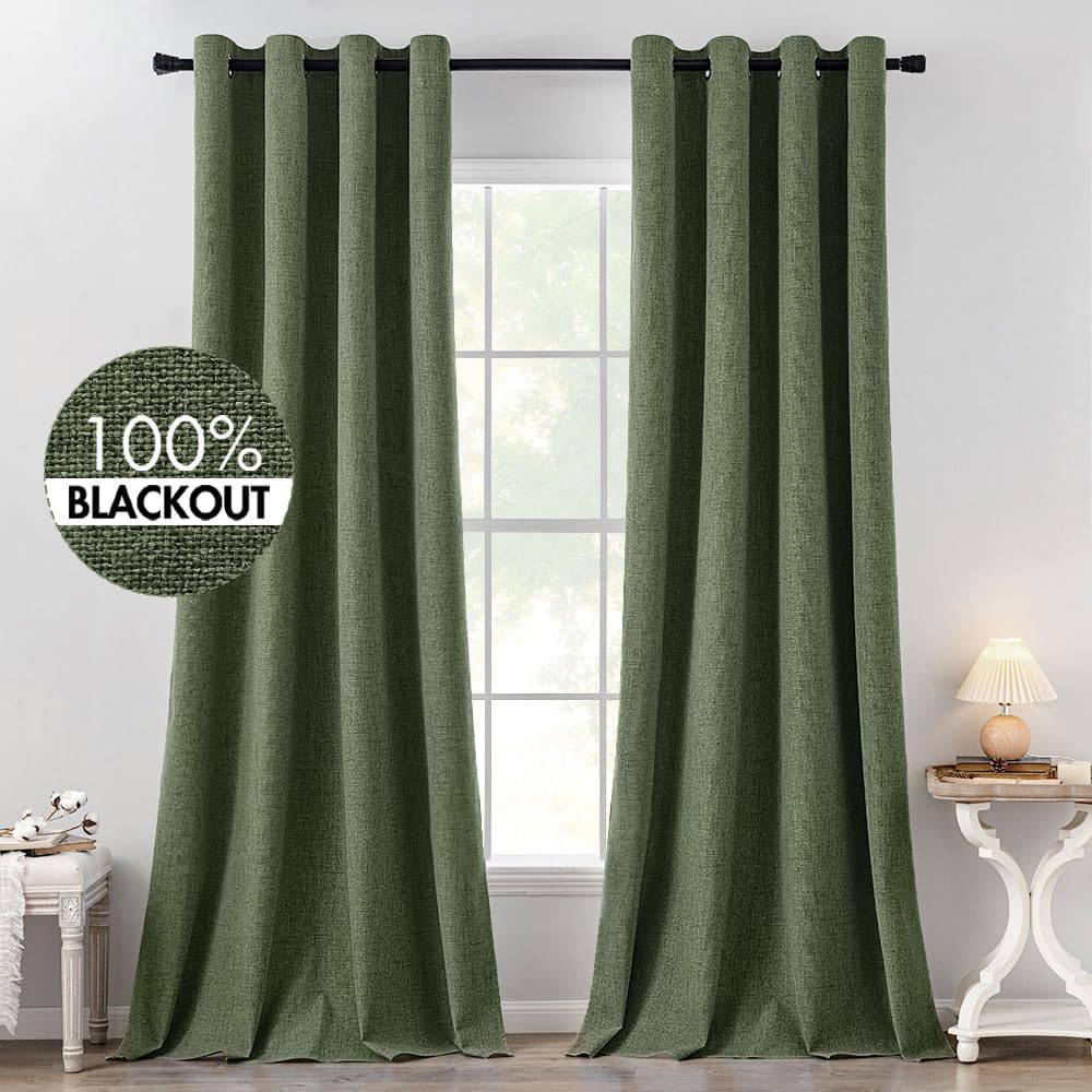 MIULEE 100% Blackout Linen Textured Curtains for Bedroom Solid Thermal Insulated Natural Beige Grommet Room Darkening Curtains & Drapes Luxury Decor for Living Room Nursery 62 x 96 Inch (2 Panels)