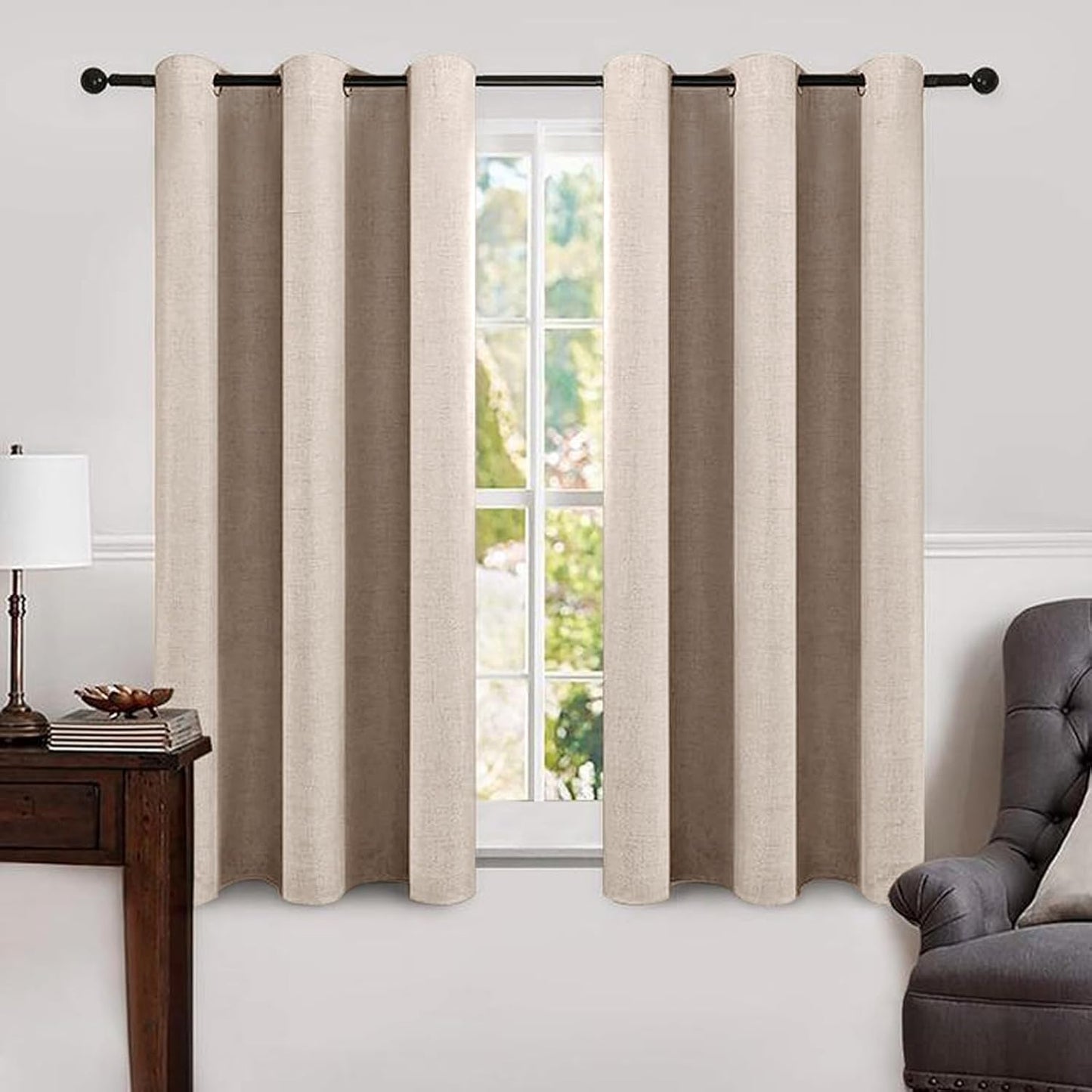 MIULEE 100% Blackout Linen Textured Curtains for Bedroom Solid Thermal Insulated Natural Beige Grommet Room Darkening Curtains & Drapes Luxury Decor for Living Room Nursery 62 x 96 Inch (2 Panels)