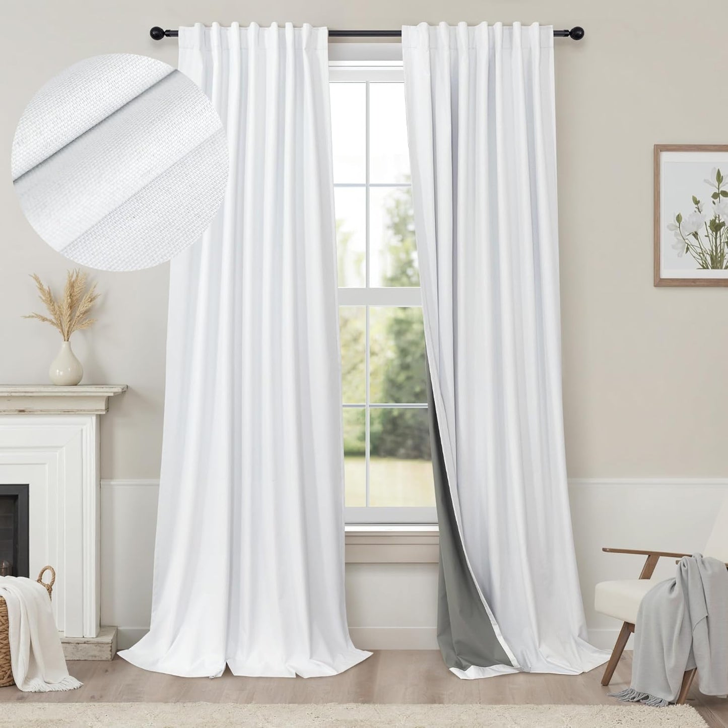 Cream Linen Black Out Curtains 70 Inches Extra Wide for Living Room 2 Panels Back Tab Pocket Pleated Ivory Blackout Bedroom for 72 Inches Window Curtain 84 Inch Long Thermal Room Darkening Heavy Drape