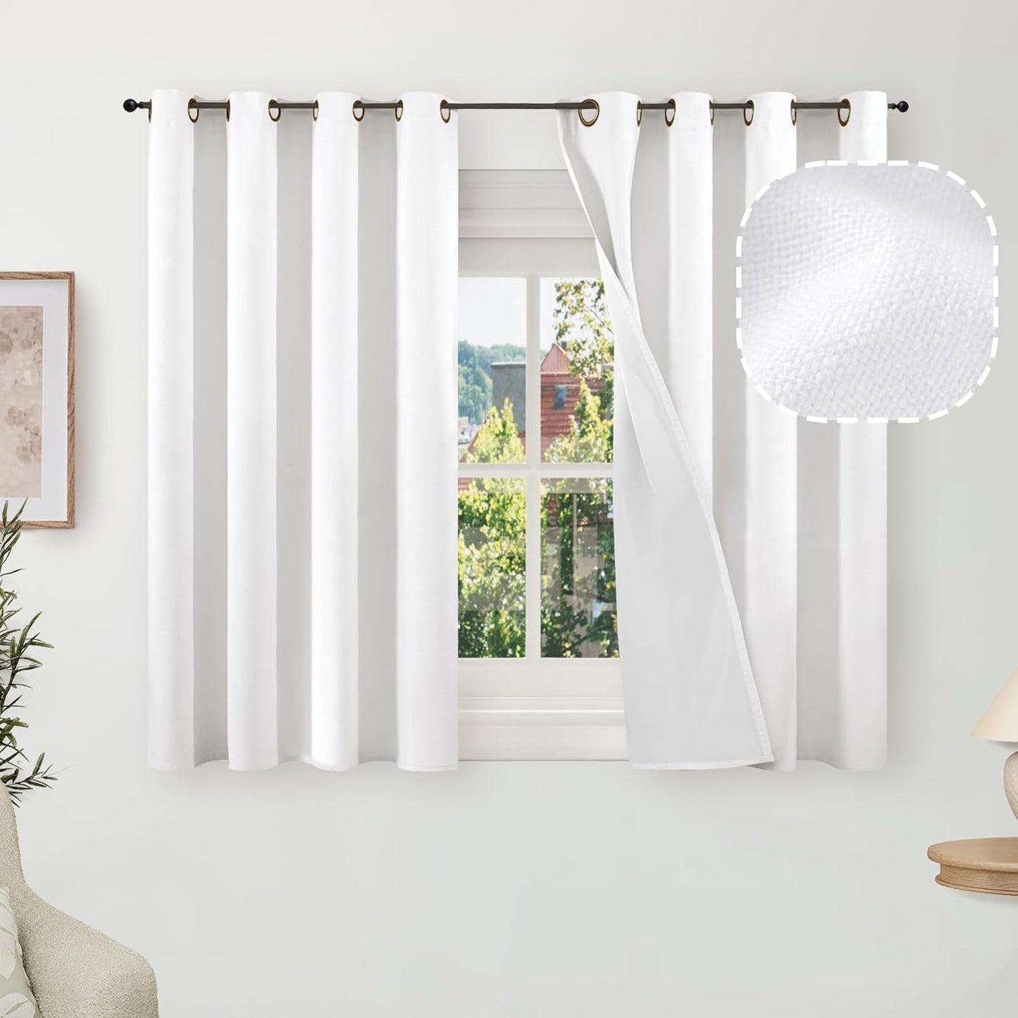 60 Inch Wide Linen Blackout Curtains for Living Room/Bedroom 84 Inch Length 2 Panels, Total Black Out Thermal Insulated Soundproof Grommet Boho Window Drapes White Liner for Modern Farmhouse, Natural