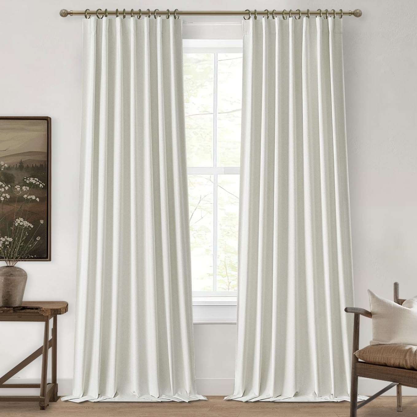 Natural Linen Blackout 92 Inch Bedroom Curtains 2 Panel Sets, Rustic Boho Cream Pleated Ceiling Track Curtain for Dining Room Heat Blocking Privacy Heavy Drape 92 Inches Long Oatmeal Back Tab
