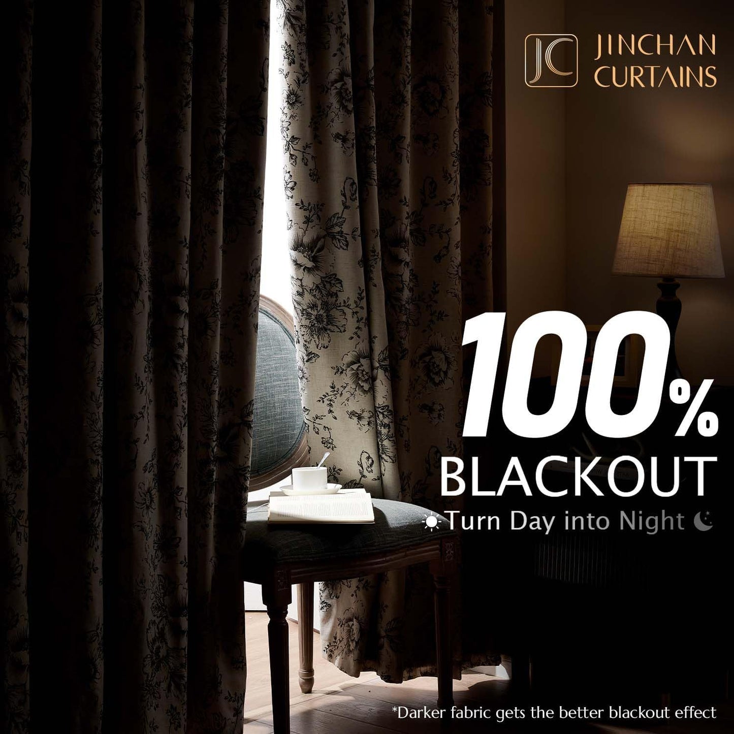 jinchan Blackout Linen Blend Curtain Floral Blackout Curtains for Living Room 84 Inch Length Black Printed with Lined Blackout Curtain for Bedroom Farmhouse Curtains Set 2 Panels