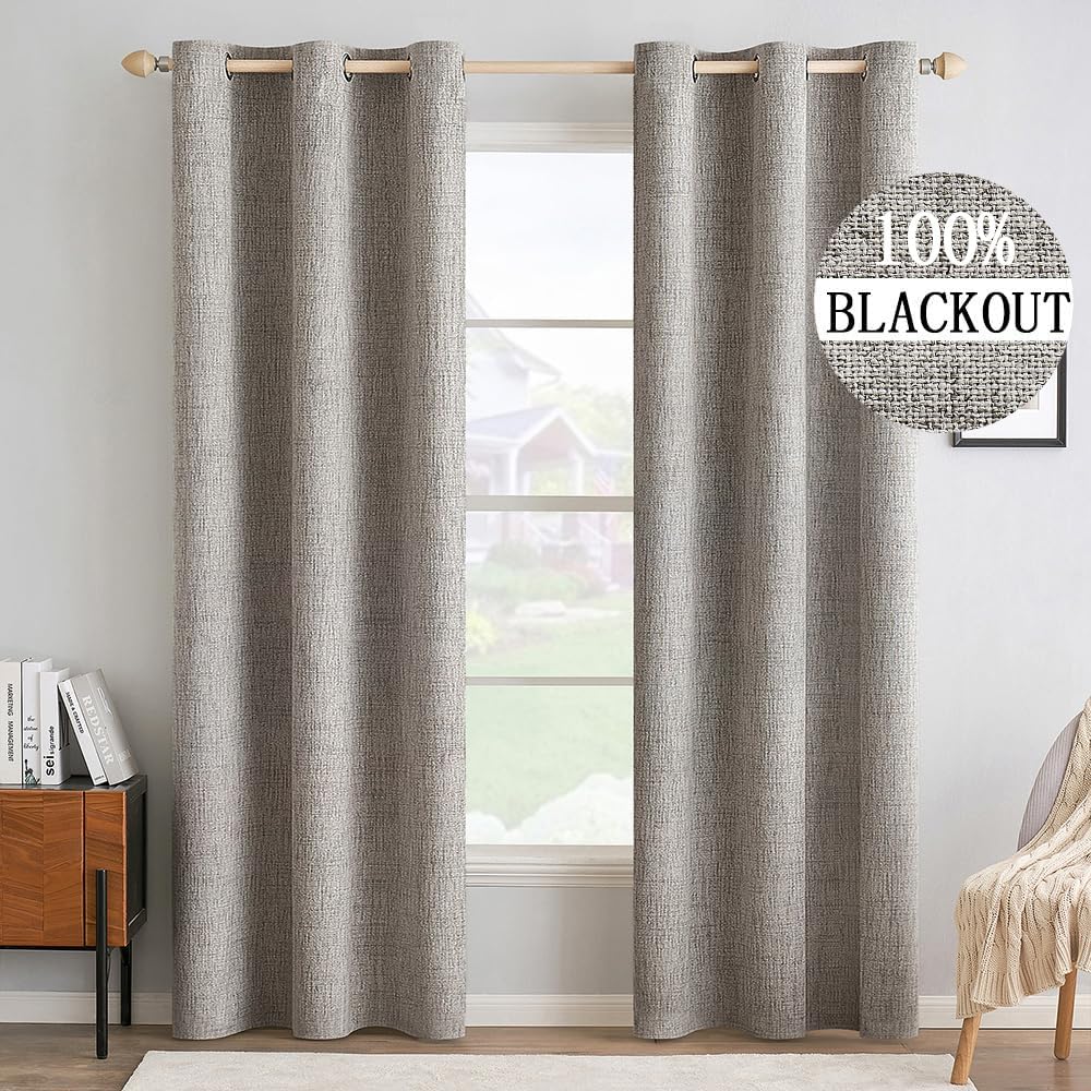 MIULEE 100% Blackout Linen Textured Curtains for Bedroom Solid Thermal Insulated Natural Beige Grommet Room Darkening Curtains & Drapes Luxury Decor for Living Room Nursery 62 x 96 Inch (2 Panels)