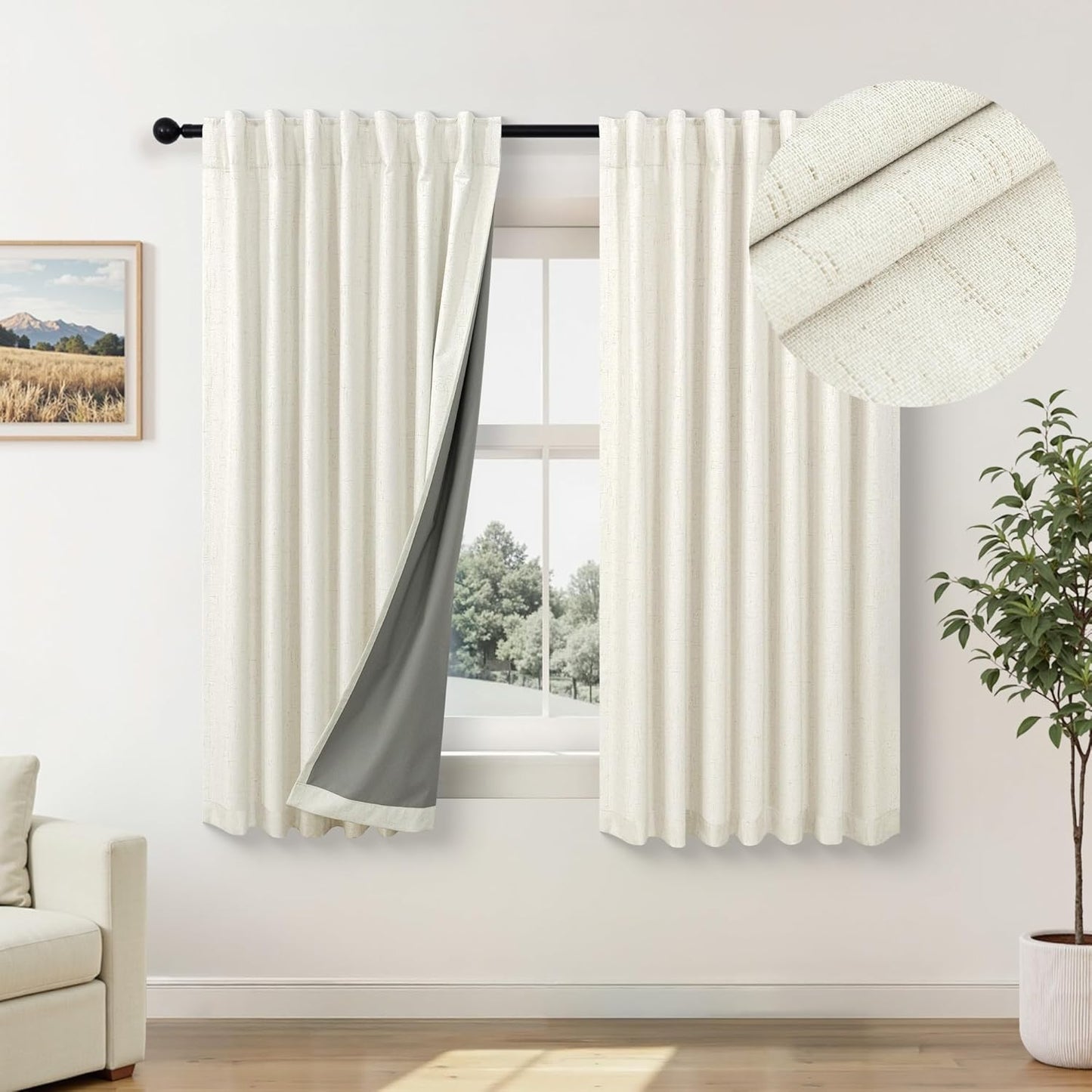 Cream Linen Black Out Curtains 70 Inches Extra Wide for Living Room 2 Panels Back Tab Pocket Pleated Ivory Blackout Bedroom for 72 Inches Window Curtain 84 Inch Long Thermal Room Darkening Heavy Drape