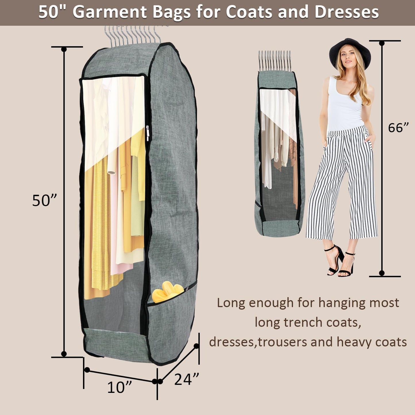 4PCS Garment Bags for Hanging Clothes,Chakera Large Breathable Garment Bag for Closet Storage with 10”Gusseted,Clear Clothing Storage Garment Cover for Dress Sweater with Double Zipper,Grey