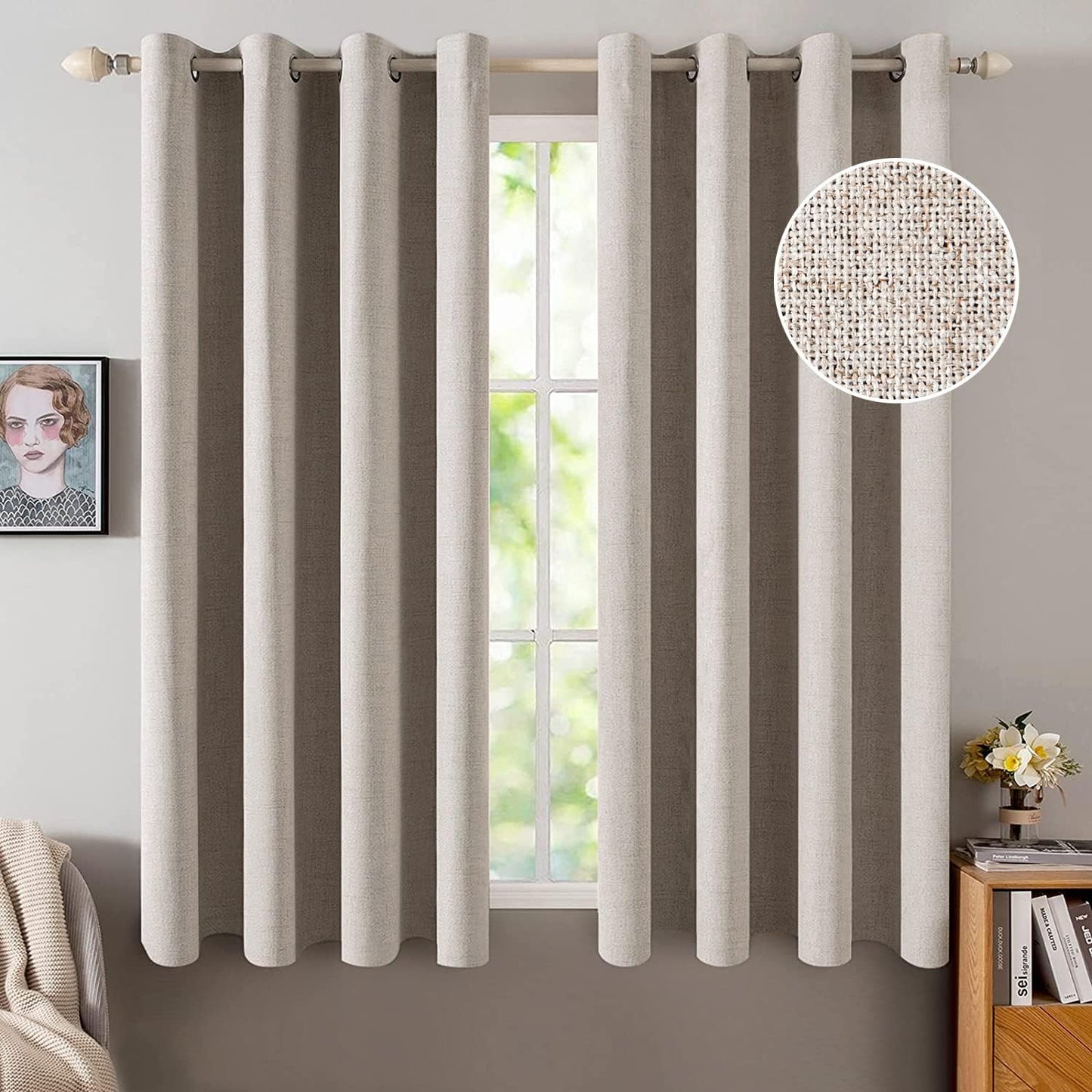 MIULEE 100% Blackout Linen Textured Curtains for Bedroom Solid Thermal Insulated Natural Beige Grommet Room Darkening Curtains & Drapes Luxury Decor for Living Room Nursery 62 x 96 Inch (2 Panels)