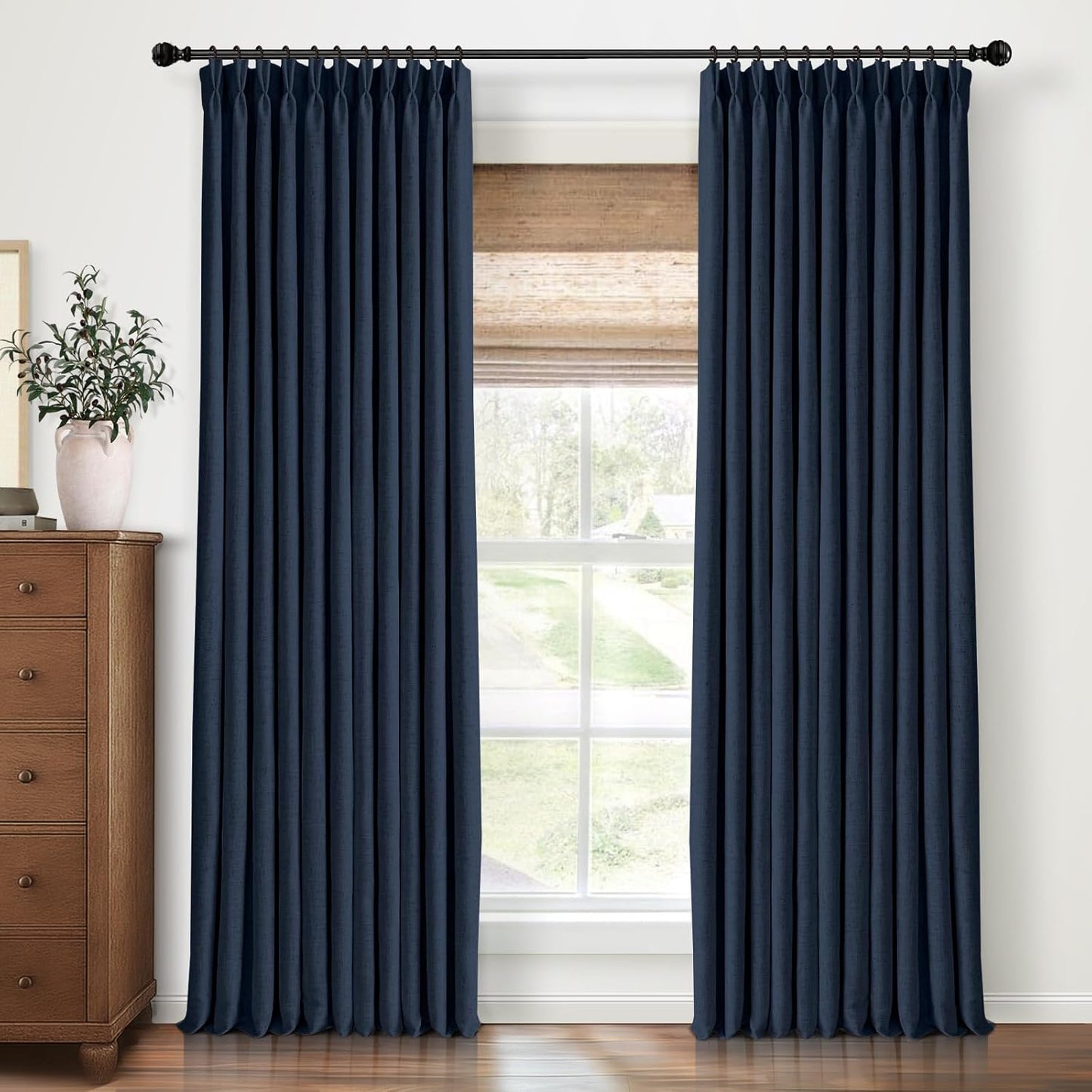 Pinch Pleated Blackout Curtains 96 Inches Long, Linen Blend, 100% Blackout Drapes with 20 Hooks, Ideal for Bedroom and Living Room, 40" W x 96" L (Pack of 2), Natural