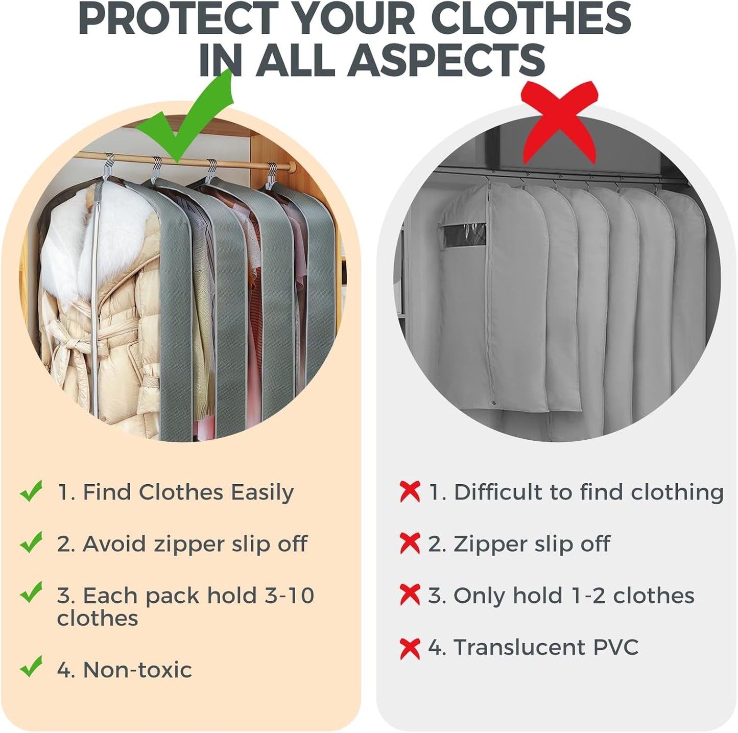 6 Pcs 60" Garment Bags for Hanging Clothes, Clear Suit Bags for Closet Storage Clothing Storage, Garment Bags Shoulder Covers with 4" Gussets for Coats, Jackets, Shirts and Sweater