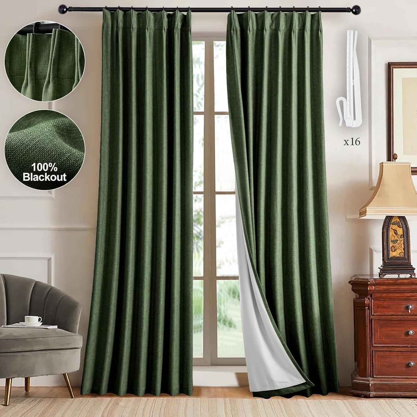 Pinch Pleated 100% Blackout Linen Curtains 95 Inches Long for Bedroom Natural Black Out Pleat Curtains for Living Dining Room Darkening Thermal Insulated Window Curtain Drapes with Pin Hooks, 2 Panels