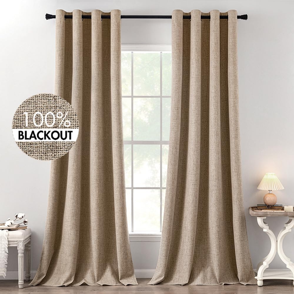 MIULEE 100% Blackout Linen Textured Curtains for Bedroom Solid Thermal Insulated Natural Beige Grommet Room Darkening Curtains & Drapes Luxury Decor for Living Room Nursery 62 x 96 Inch (2 Panels)