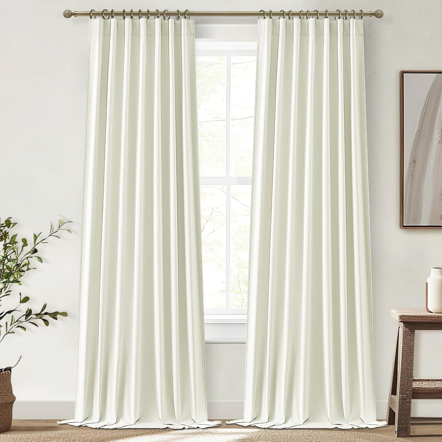 Natural Linen Blackout 92 Inch Bedroom Curtains 2 Panel Sets, Rustic Boho Cream Pleated Ceiling Track Curtain for Dining Room Heat Blocking Privacy Heavy Drape 92 Inches Long Oatmeal Back Tab