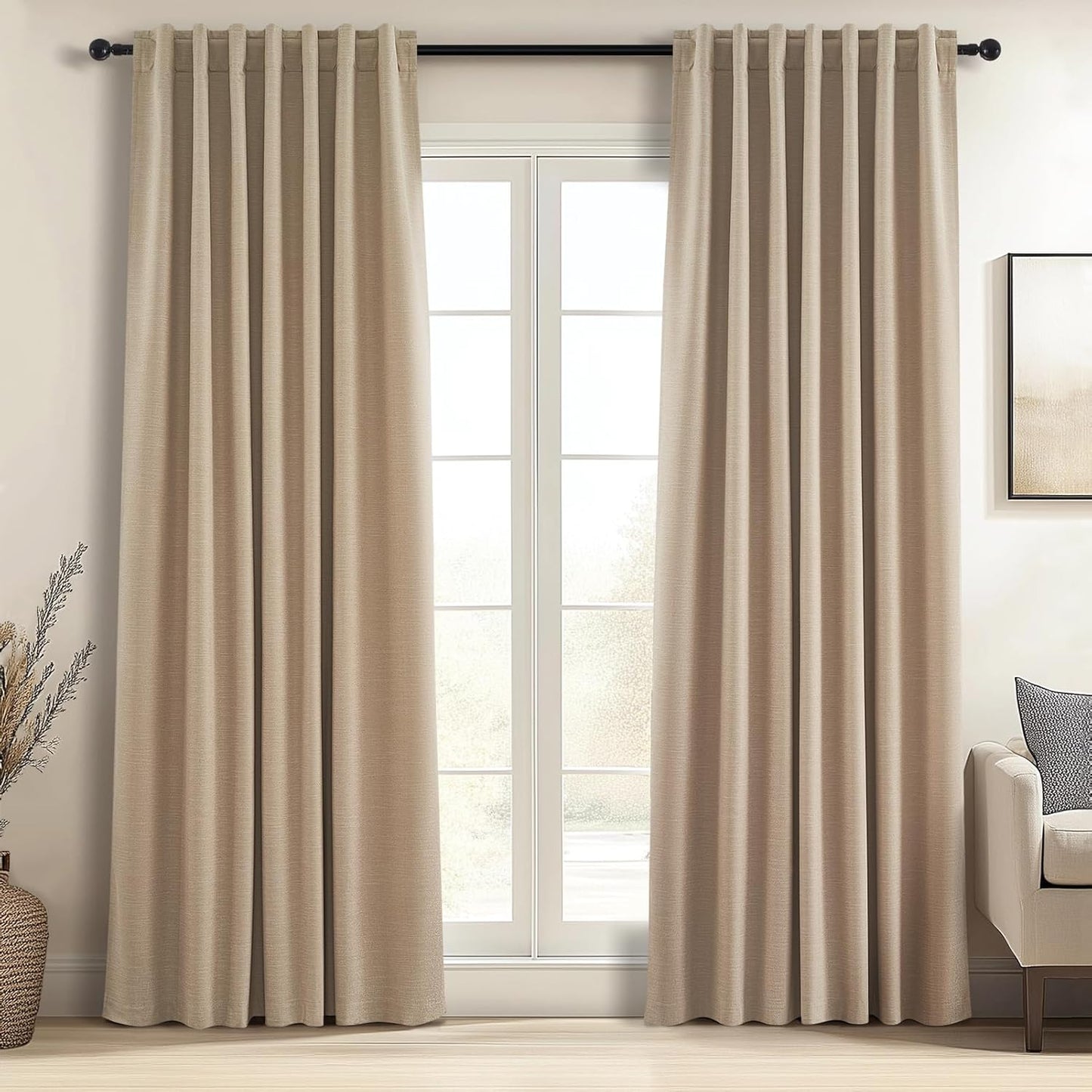 Topfinel Linen Blackout Curtains 96 Inch Long, Light Blocking Rustic Neutral Thermal Insulated Brown Natural Linen Cabin Back Tab Viral Drapery Drapes with Hooks Rings 2 Panel Sets, Brown Tan 8 FT