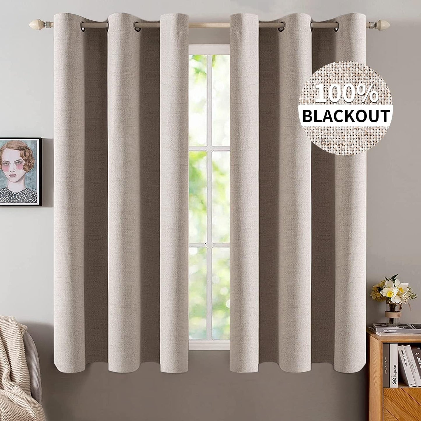 MIULEE 100% Blackout Linen Textured Curtains for Bedroom Solid Thermal Insulated Natural Beige Grommet Room Darkening Curtains & Drapes Luxury Decor for Living Room Nursery 62 x 96 Inch (2 Panels)