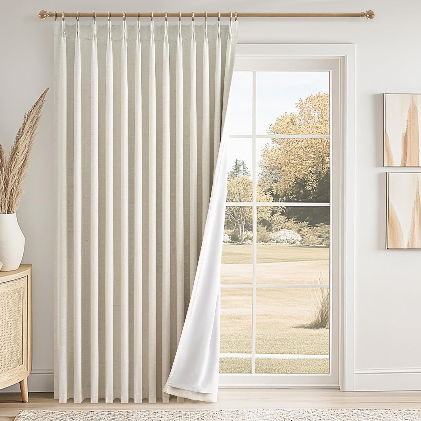 96 Inch Long Pinch Pleated Dark Linen Color Curtains,100% Blackout Thermal Insulated Natural Pinch Pleat Rustic Country Style Drapes with Hooks Rings 2 Panel Sets,Taupe Tan 8FT Window Curtain