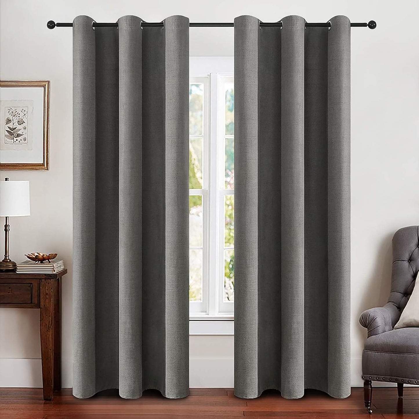 MIULEE 100% Blackout Linen Textured Curtains for Bedroom Solid Thermal Insulated Natural Beige Grommet Room Darkening Curtains & Drapes Luxury Decor for Living Room Nursery 62 x 96 Inch (2 Panels)