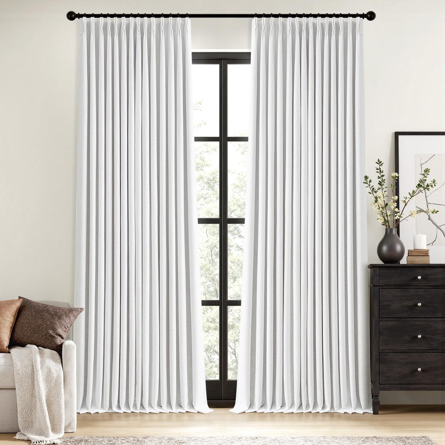 MIULEE Natural Pinch Pleated 100% Blackout Linen Curtains for Bedroom, Room Darkening Light Blocking Window Curtains 84 inches Long for Living Room, Black Out Pleat Drapes with Pin Hooks, 2 Panels
