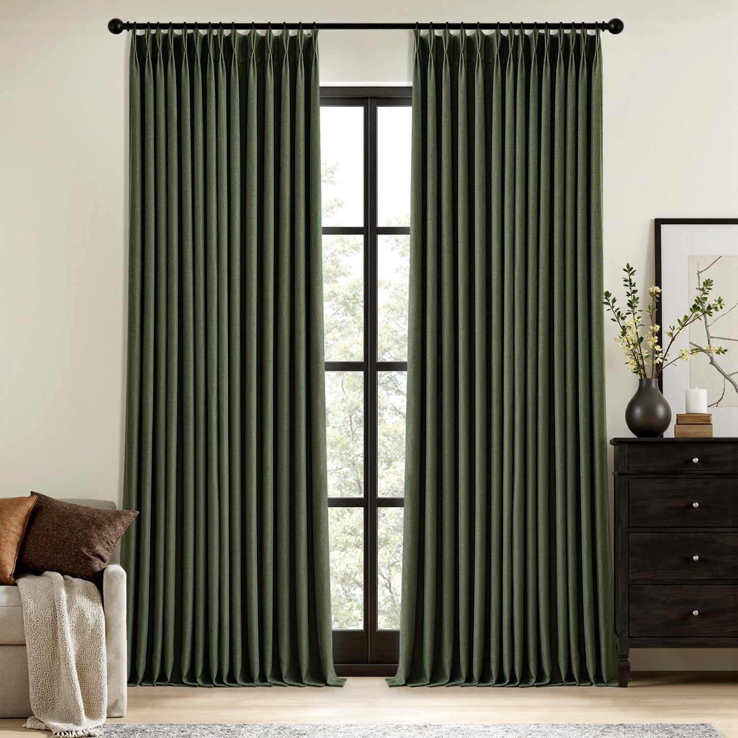 MIULEE Natural Pinch Pleated 100% Blackout Linen Curtains for Bedroom, Room Darkening Light Blocking Window Curtains 84 inches Long for Living Room, Black Out Pleat Drapes with Pin Hooks, 2 Panels