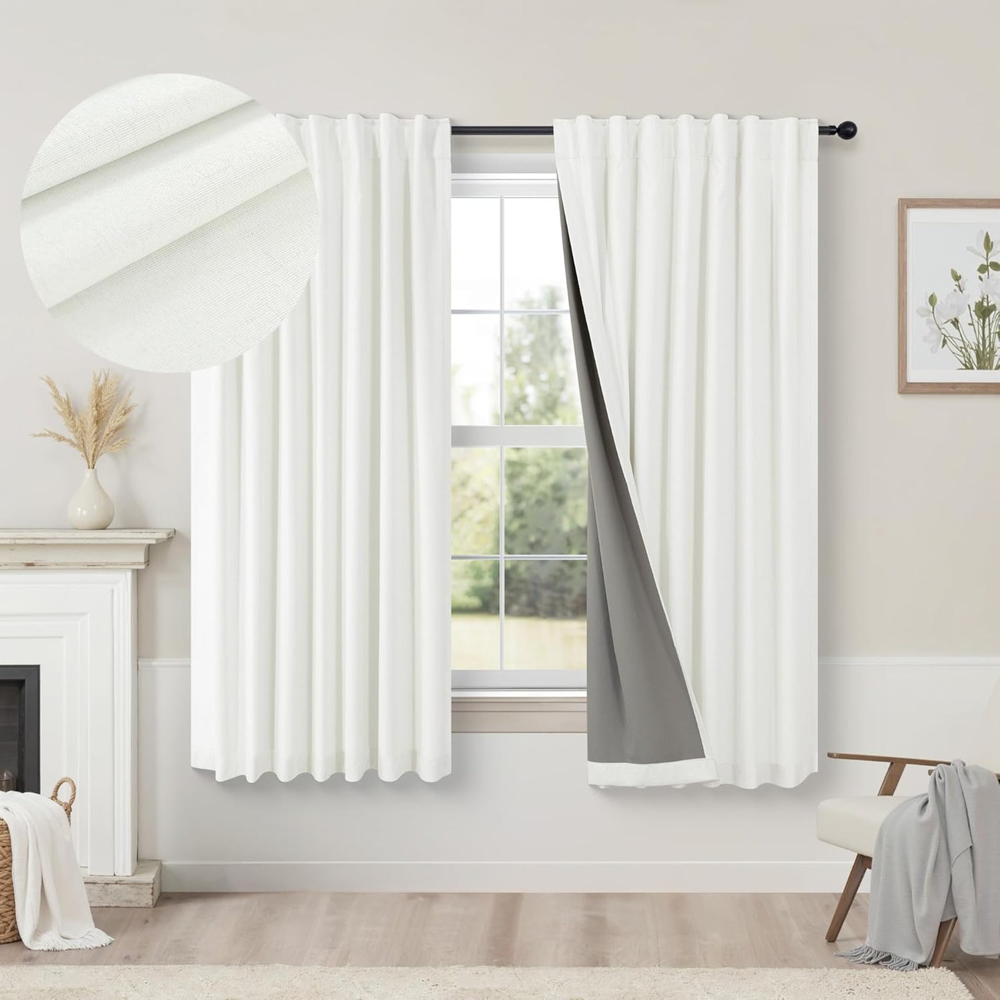 Cream Linen Black Out Curtains 70 Inches Extra Wide for Living Room 2 Panels Back Tab Pocket Pleated Ivory Blackout Bedroom for 72 Inches Window Curtain 84 Inch Long Thermal Room Darkening Heavy Drape