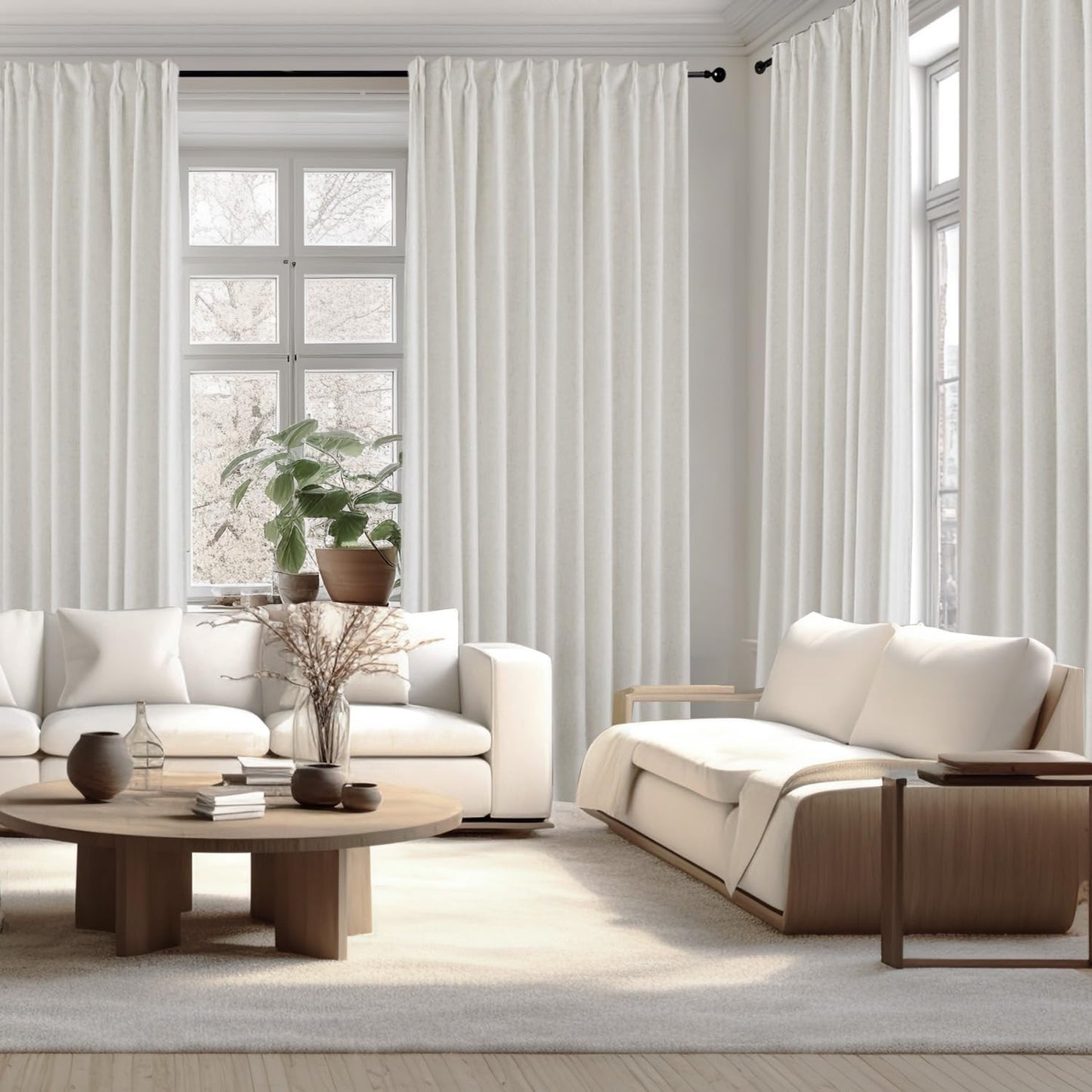Pinch Pleated 100% Blackout Linen Curtains 95 Inches Long for Bedroom Natural Black Out Pleat Curtains for Living Dining Room Darkening Thermal Insulated Window Curtain Drapes with Pin Hooks, 2 Panels