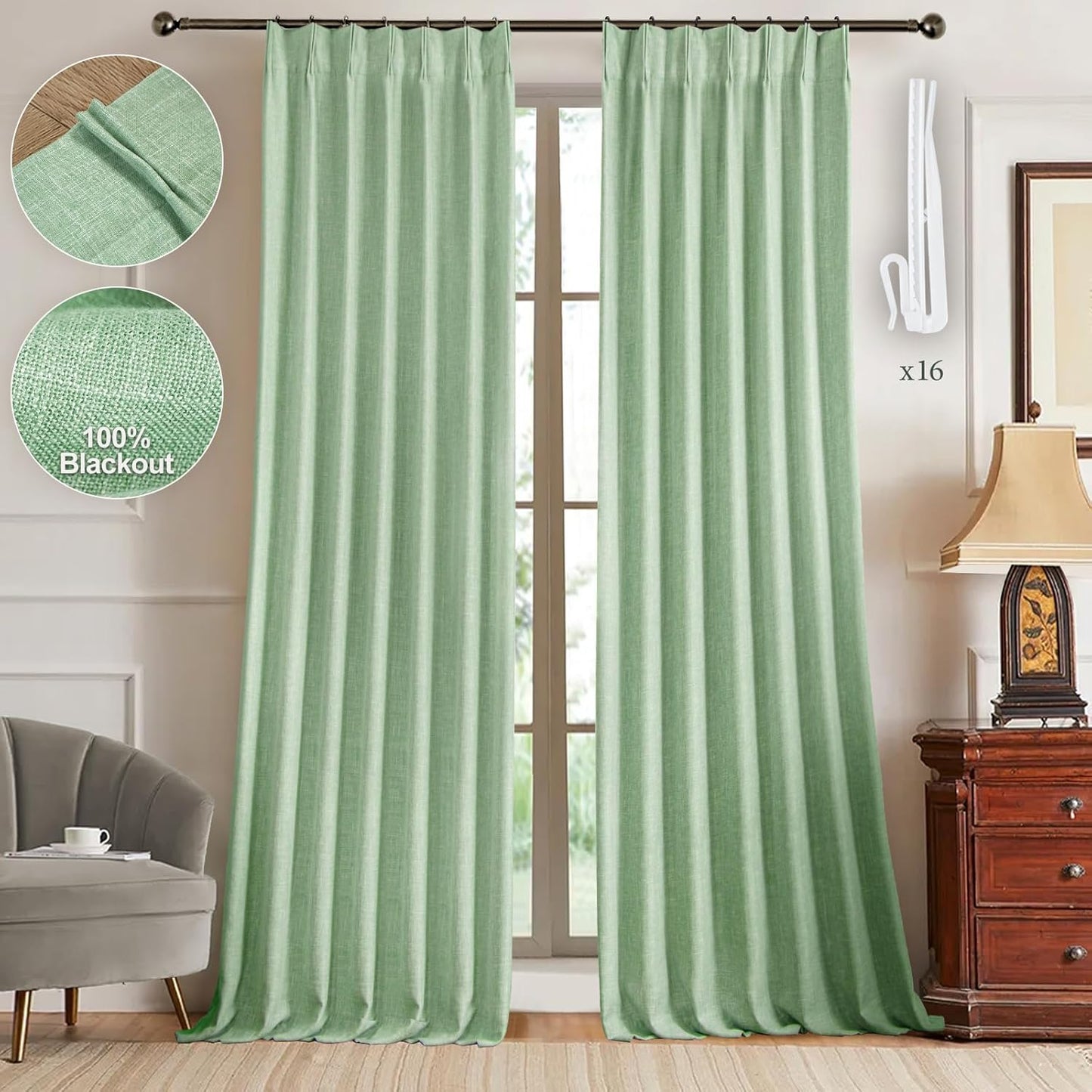 Pinch Pleated 100% Blackout Linen Curtains 95 Inches Long for Bedroom Natural Black Out Pleat Curtains for Living Dining Room Darkening Thermal Insulated Window Curtain Drapes with Pin Hooks, 2 Panels