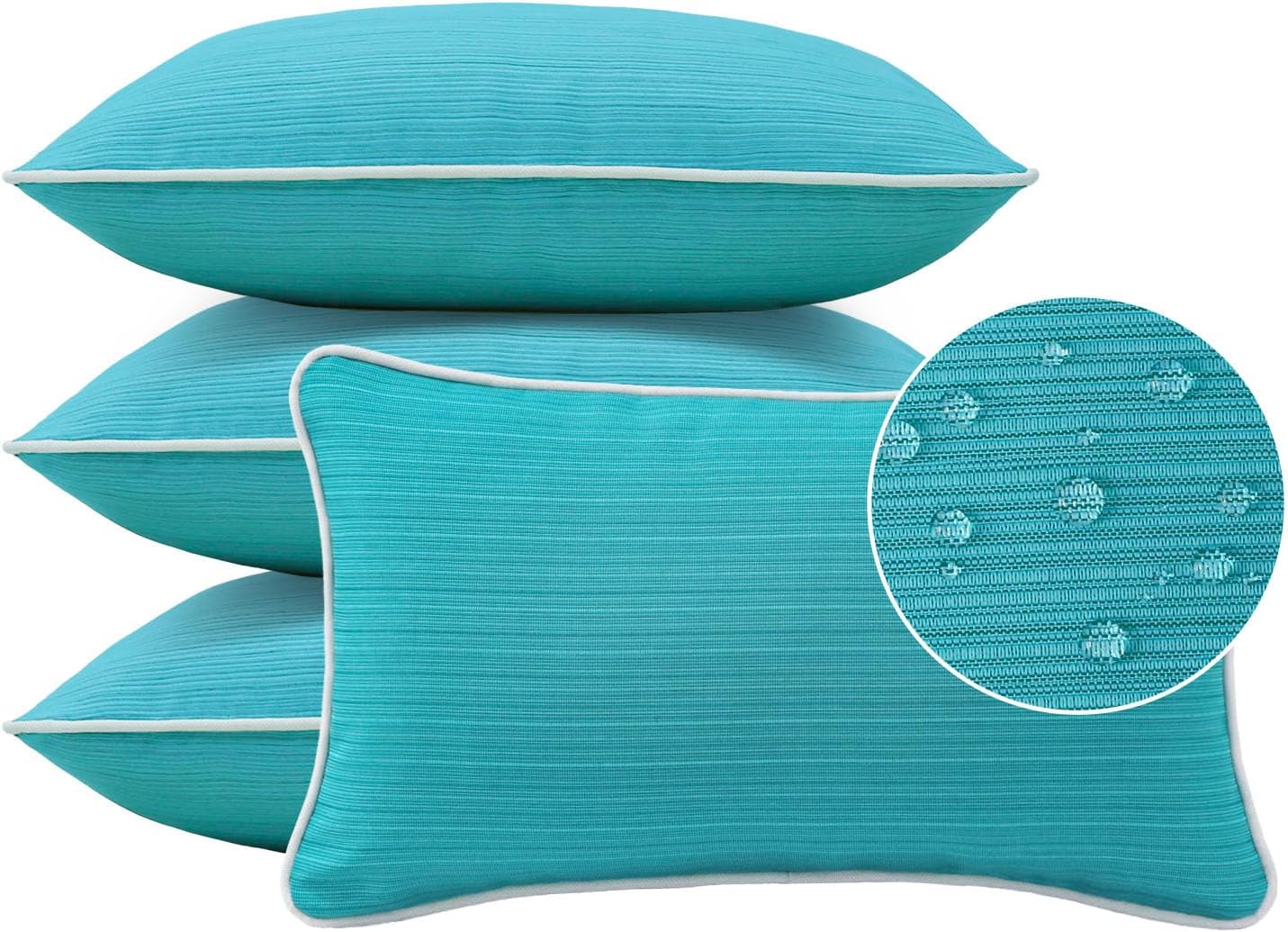 Decorative Outdoor Water Repellent Throw Pillows with Inserts, Set of 4, 18" x18" Pillows for Patio, Backyard, Bed, Couch, and Patio Furniture, Turquoise Stripe