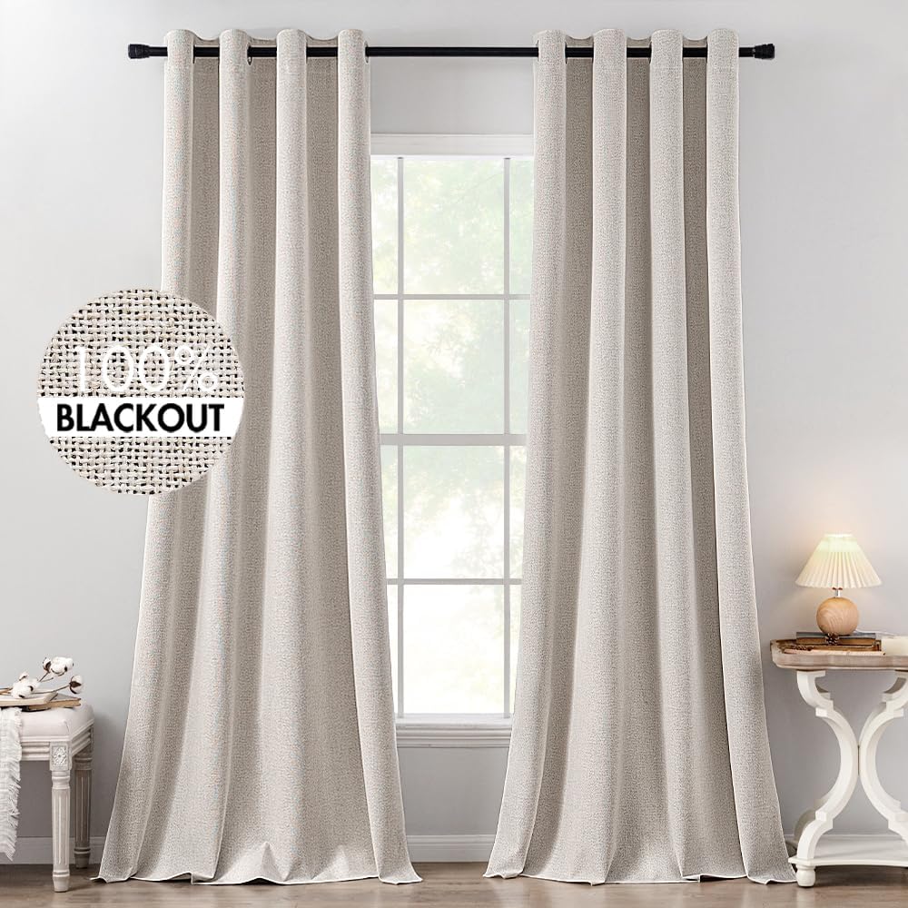 MIULEE 100% Blackout Linen Textured Curtains for Bedroom Solid Thermal Insulated Natural Beige Grommet Room Darkening Curtains & Drapes Luxury Decor for Living Room Nursery 62 x 96 Inch (2 Panels)