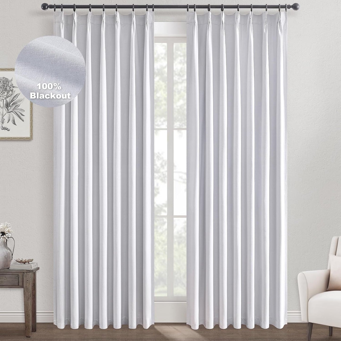 Topfinel Extral Wide Curtains, Pinch Pleated 100% Blackout Linen Luxury Drapery with Hooks for Patio Sliding Door Large Window Living Room Track System, 72" Wx102 L 1 Panel