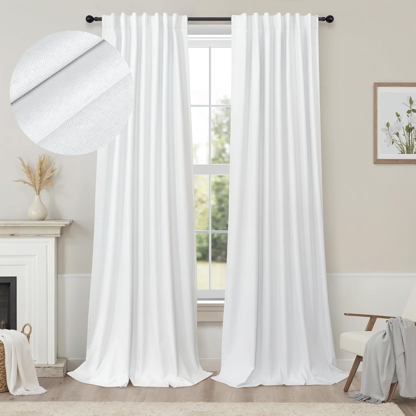 Cream Linen Black Out Curtains 70 Inches Extra Wide for Living Room 2 Panels Back Tab Pocket Pleated Ivory Blackout Bedroom for 72 Inches Window Curtain 84 Inch Long Thermal Room Darkening Heavy Drape