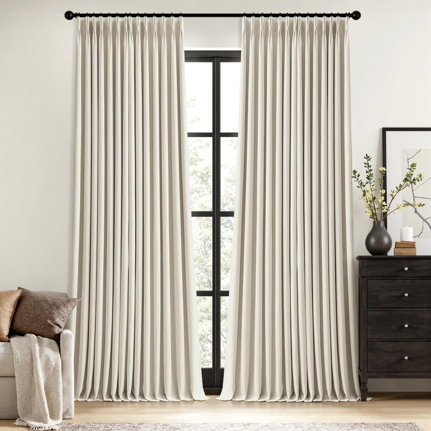 MIULEE Natural Pinch Pleated 100% Blackout Linen Curtains for Bedroom, Room Darkening Light Blocking Window Curtains 84 inches Long for Living Room, Black Out Pleat Drapes with Pin Hooks, 2 Panels