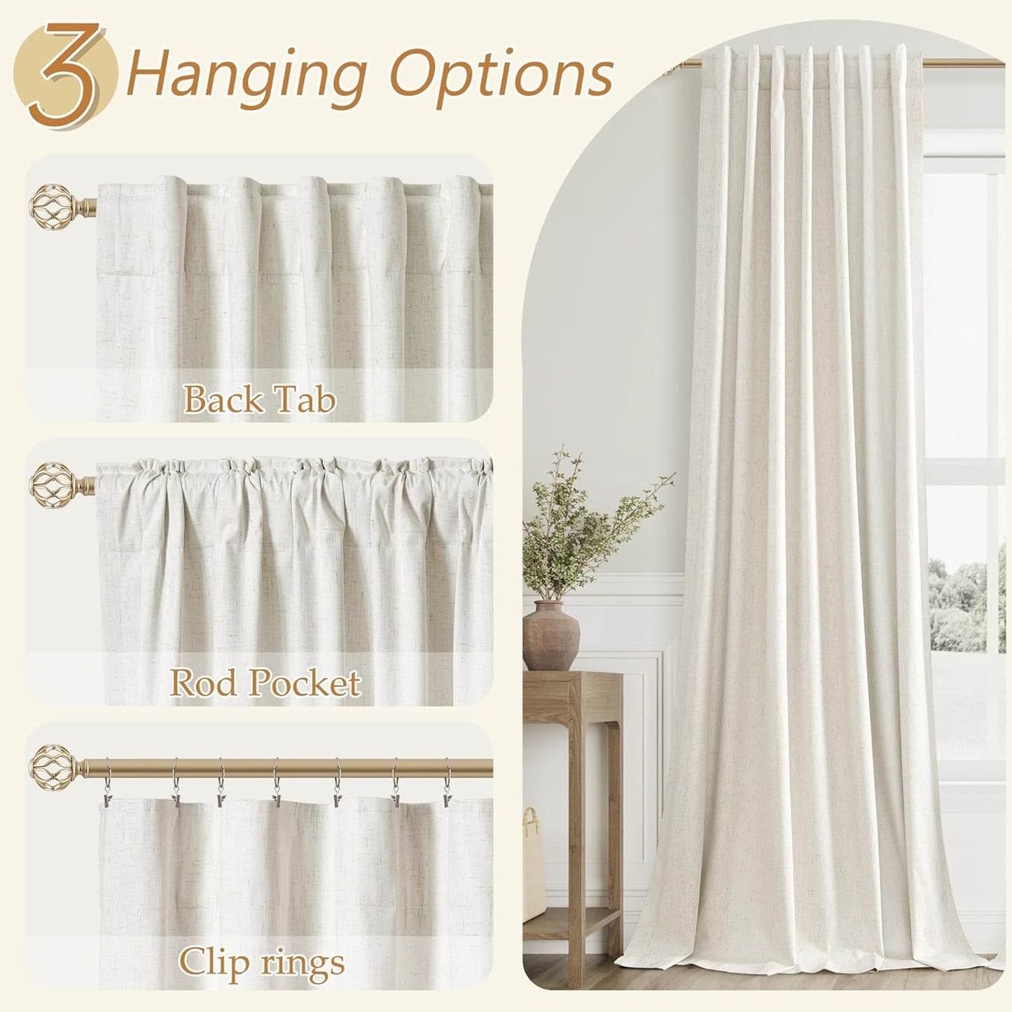 Guken Cream Linen Blackout Curtains 70 Inch Wide by 102 Inch for Living Room Bedroom Back Tab Thermal Insulated 100% Black Out Room Darkening Window Curtains Natural,1 Panel
