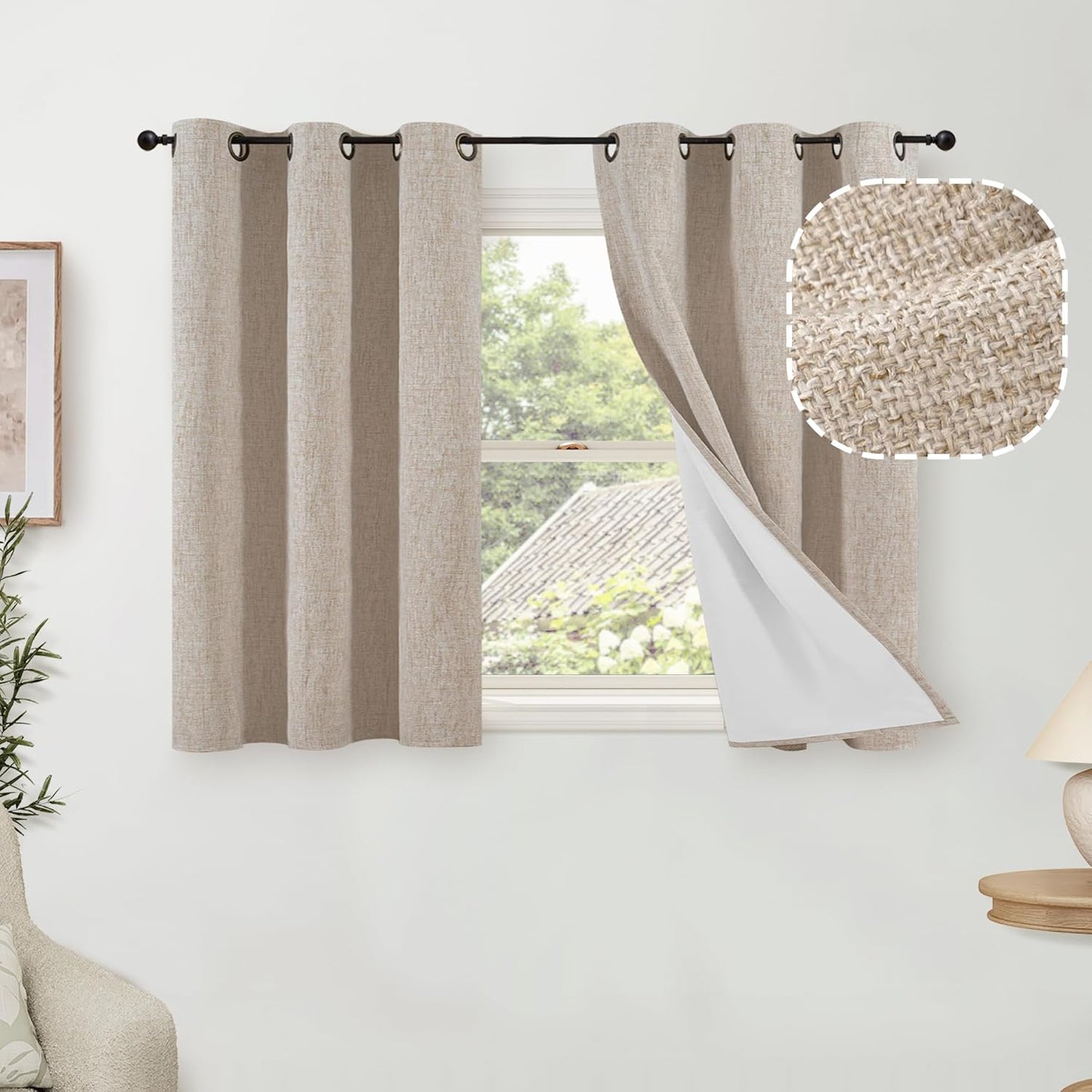 60 Inch Wide Linen Blackout Curtains for Living Room/Bedroom 84 Inch Length 2 Panels, Total Black Out Thermal Insulated Soundproof Grommet Boho Window Drapes White Liner for Modern Farmhouse, Natural
