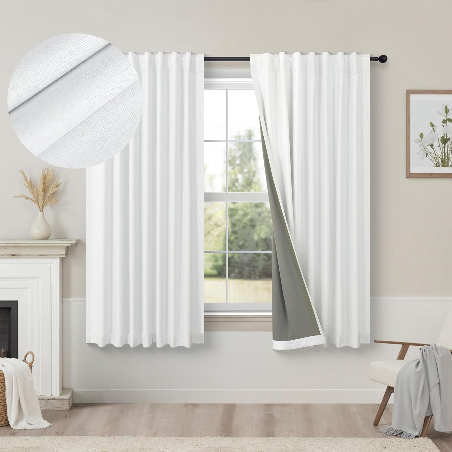 Cream Linen Black Out Curtains 70 Inches Extra Wide for Living Room 2 Panels Back Tab Pocket Pleated Ivory Blackout Bedroom for 72 Inches Window Curtain 84 Inch Long Thermal Room Darkening Heavy Drape
