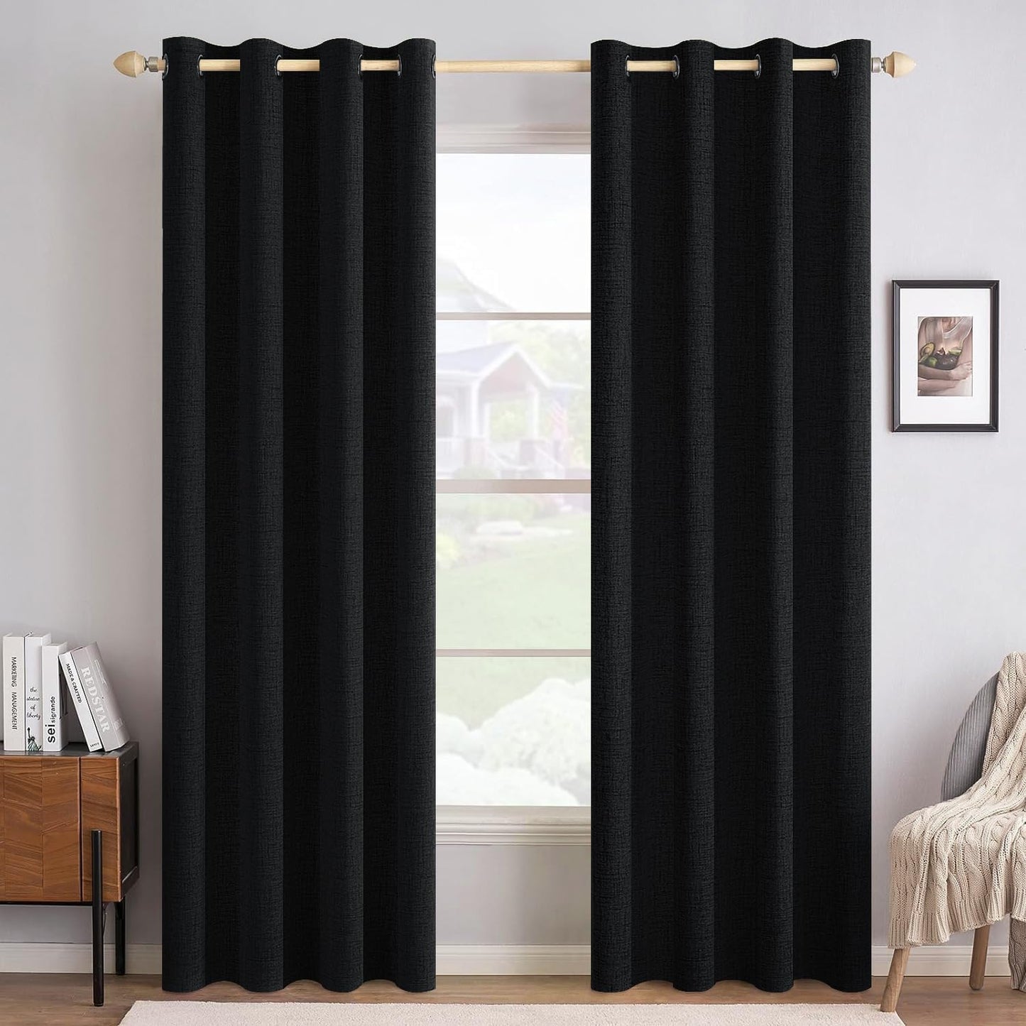 MIULEE 100% Blackout Linen Textured Curtains for Bedroom Solid Thermal Insulated Natural Beige Grommet Room Darkening Curtains & Drapes Luxury Decor for Living Room Nursery 62 x 96 Inch (2 Panels)