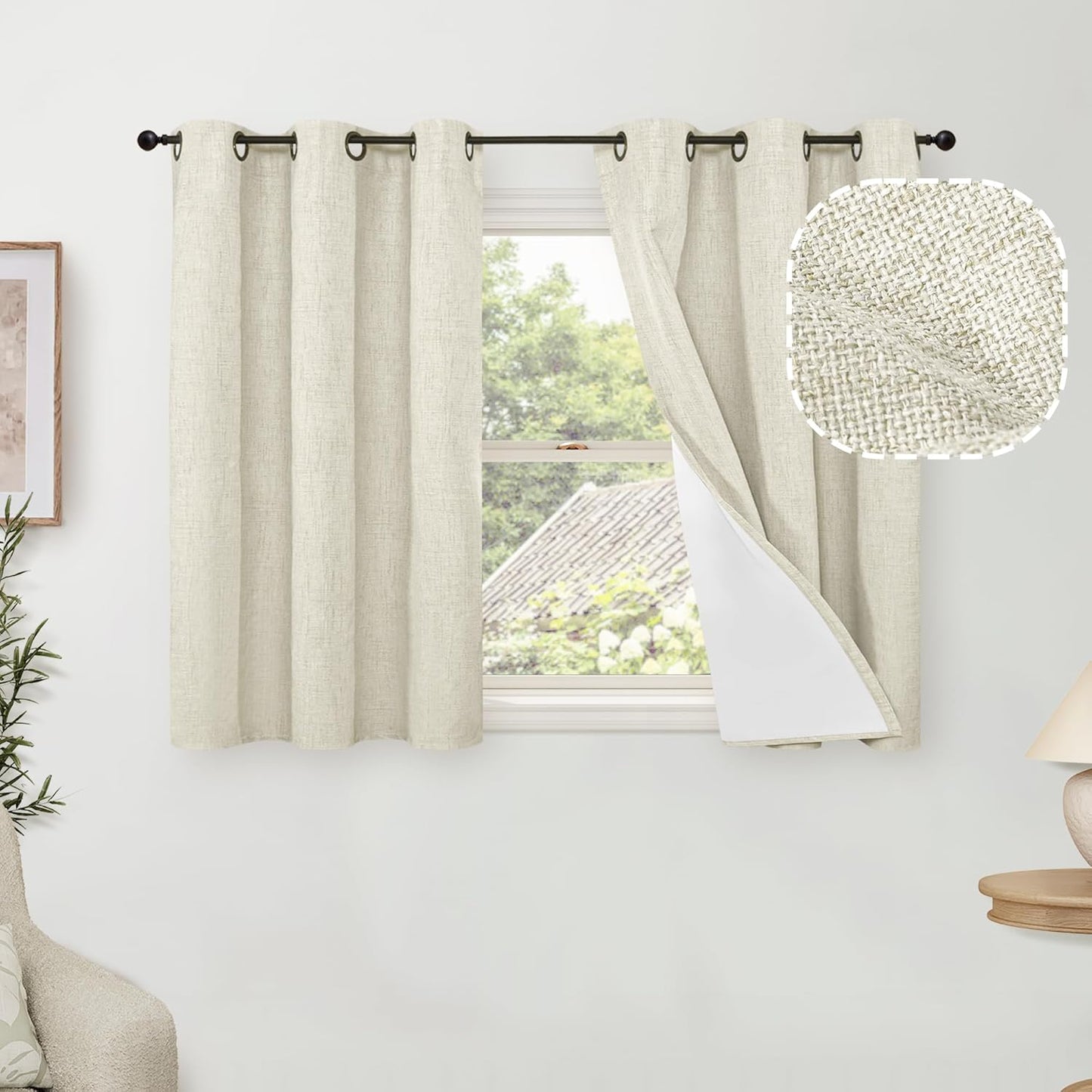 60 Inch Wide Linen Blackout Curtains for Living Room/Bedroom 84 Inch Length 2 Panels, Total Black Out Thermal Insulated Soundproof Grommet Boho Window Drapes White Liner for Modern Farmhouse, Natural