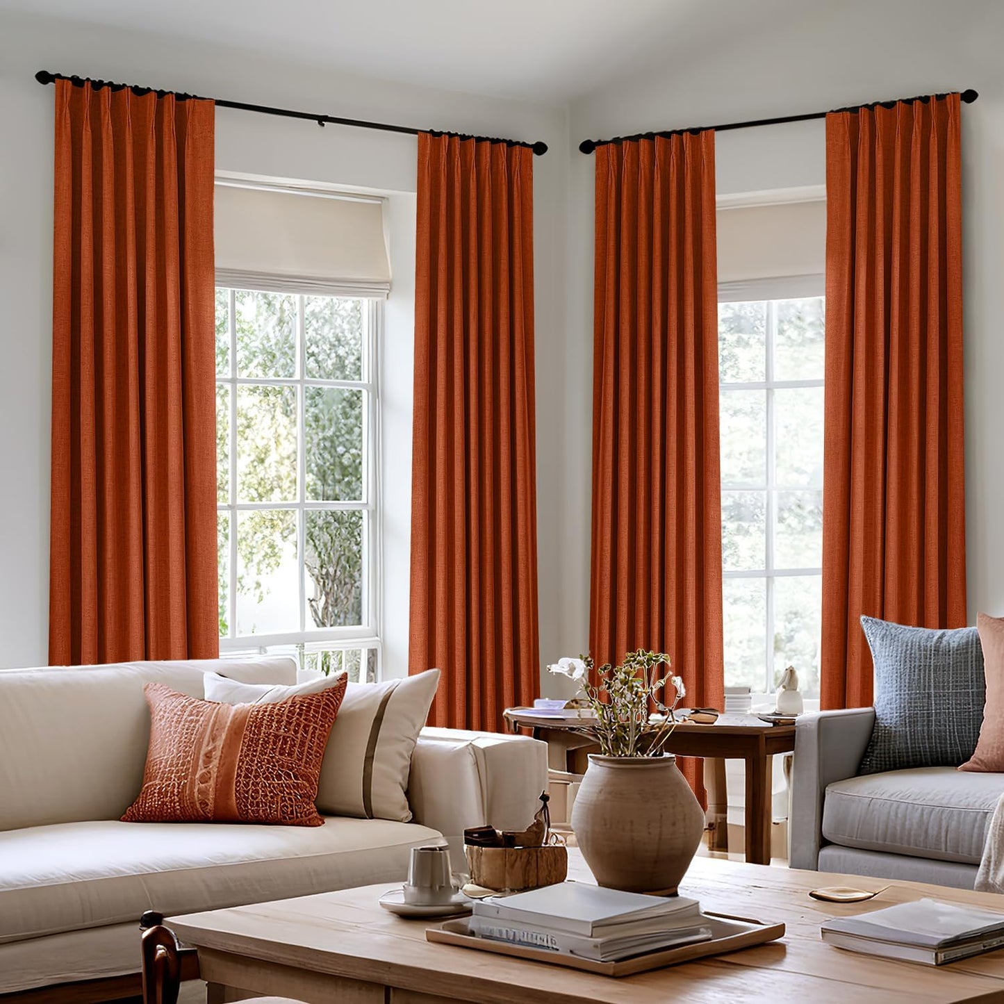 MIULEE Natural Pinch Pleated 100% Blackout Linen Curtains for Bedroom, Room Darkening Light Blocking Window Curtains 84 inches Long for Living Room, Black Out Pleat Drapes with Pin Hooks, 2 Panels