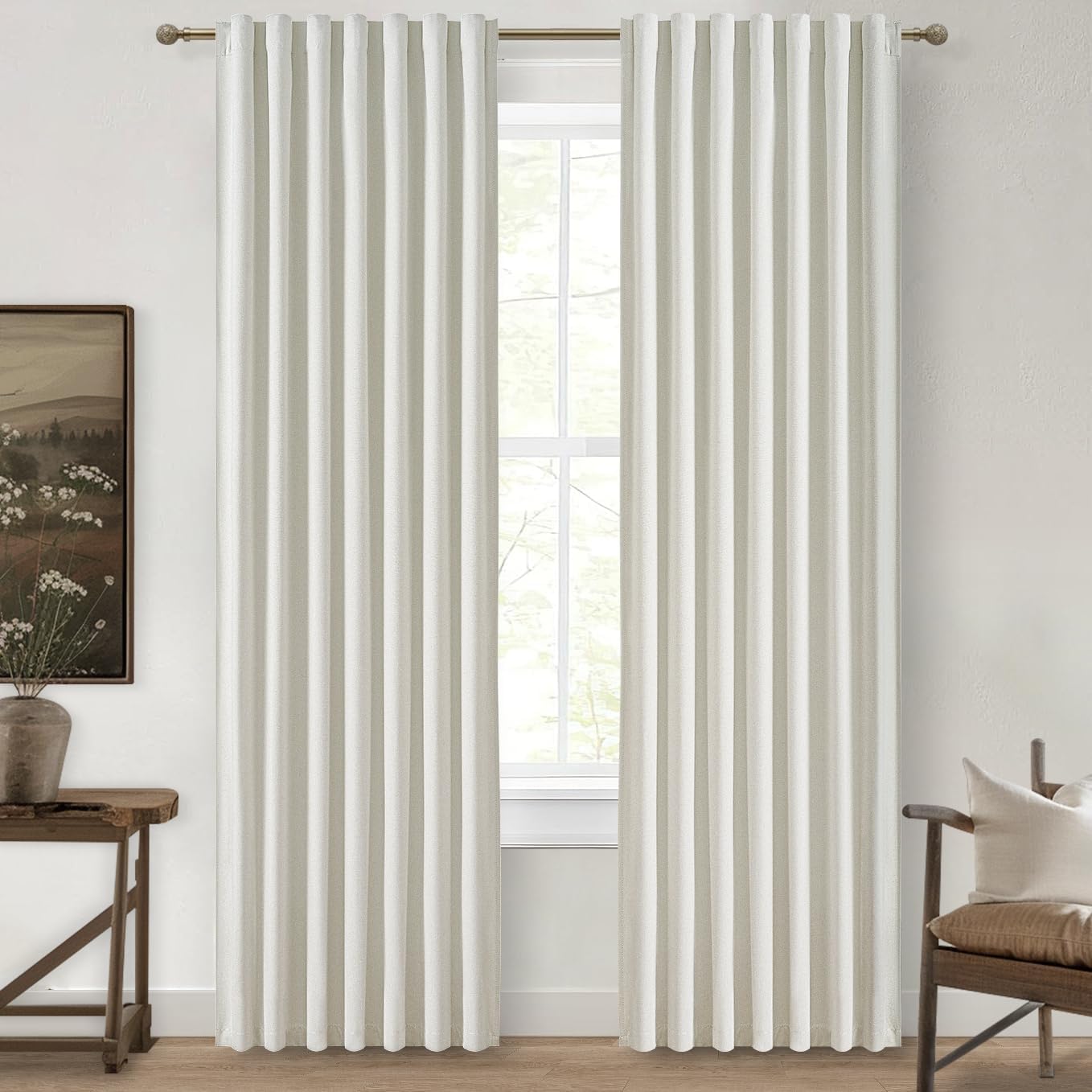 Natural Linen Blackout 92 Inch Bedroom Curtains 2 Panel Sets, Rustic Boho Cream Pleated Ceiling Track Curtain for Dining Room Heat Blocking Privacy Heavy Drape 92 Inches Long Oatmeal Back Tab