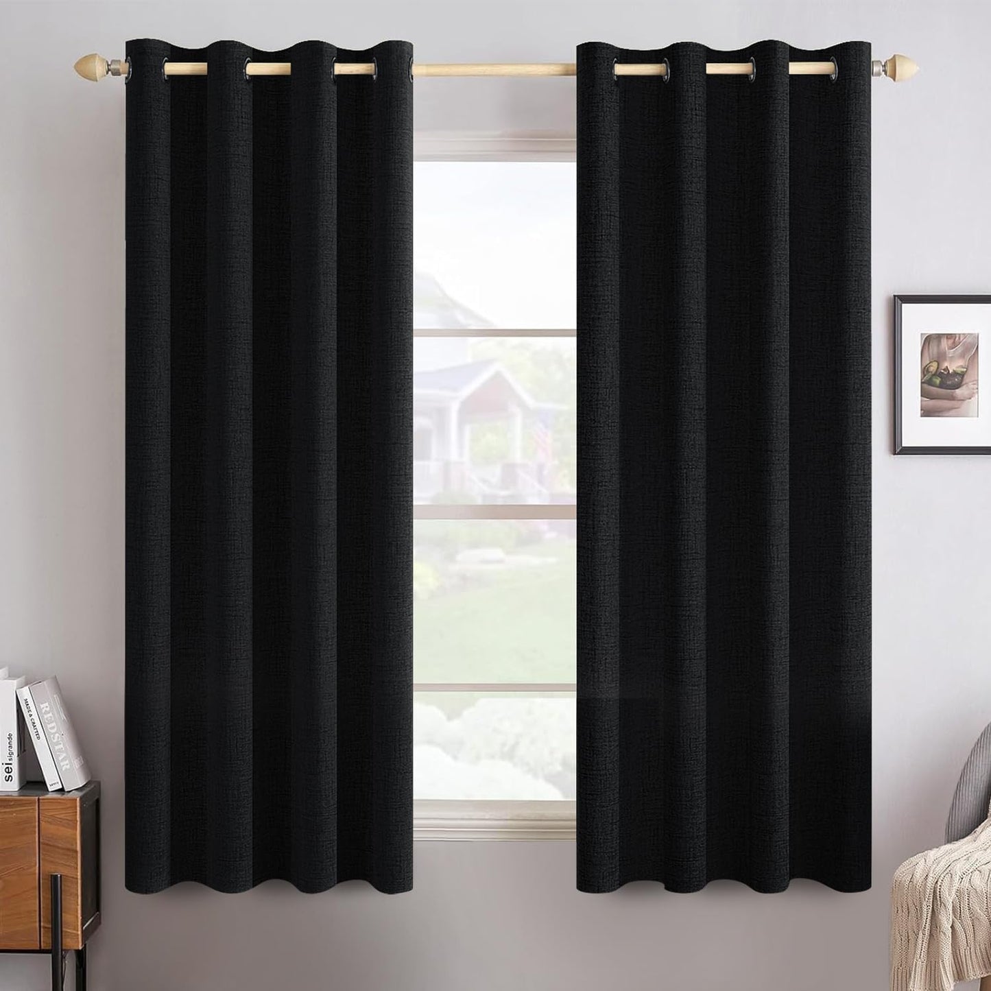 MIULEE 100% Blackout Linen Textured Curtains for Bedroom Solid Thermal Insulated Natural Beige Grommet Room Darkening Curtains & Drapes Luxury Decor for Living Room Nursery 62 x 96 Inch (2 Panels)
