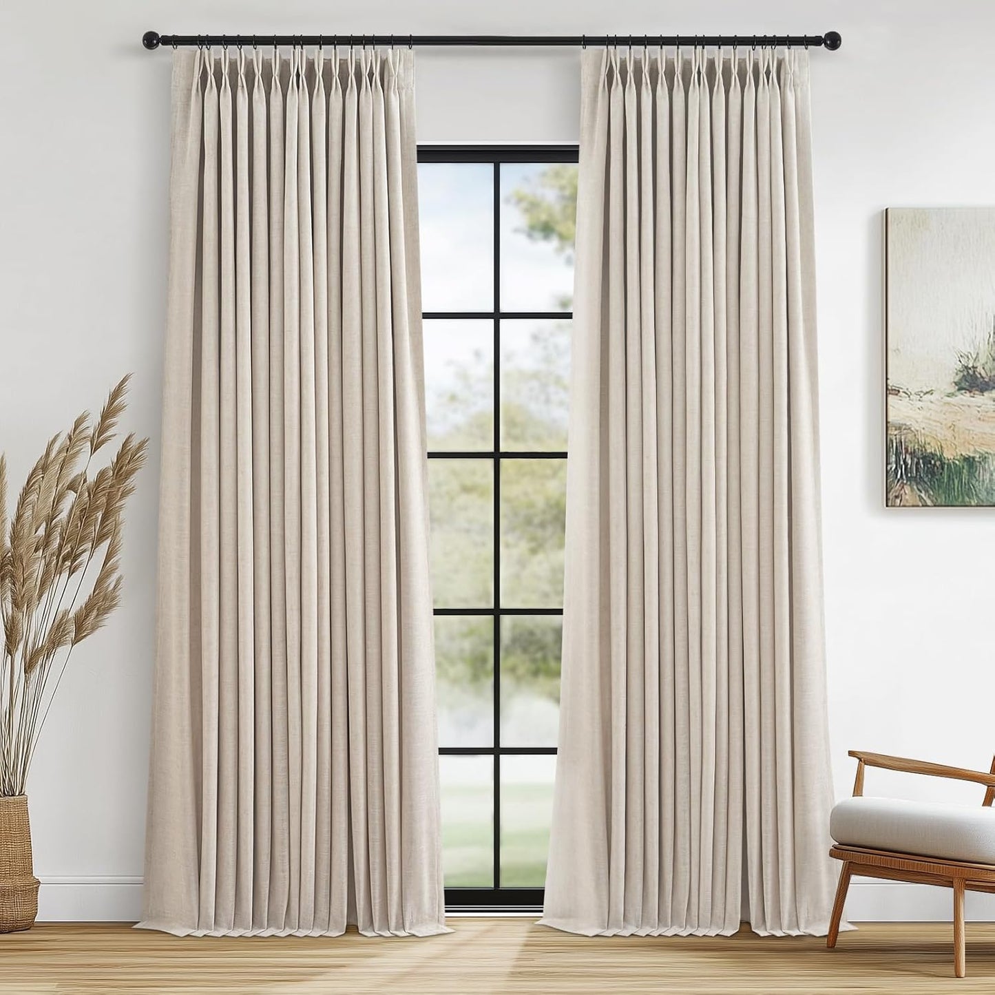 96 Inch Long Pinch Pleated Dark Linen Color Curtains,100% Blackout Thermal Insulated Natural Pinch Pleat Rustic Country Style Drapes with Hooks Rings 2 Panel Sets,Taupe Tan 8FT Window Curtain