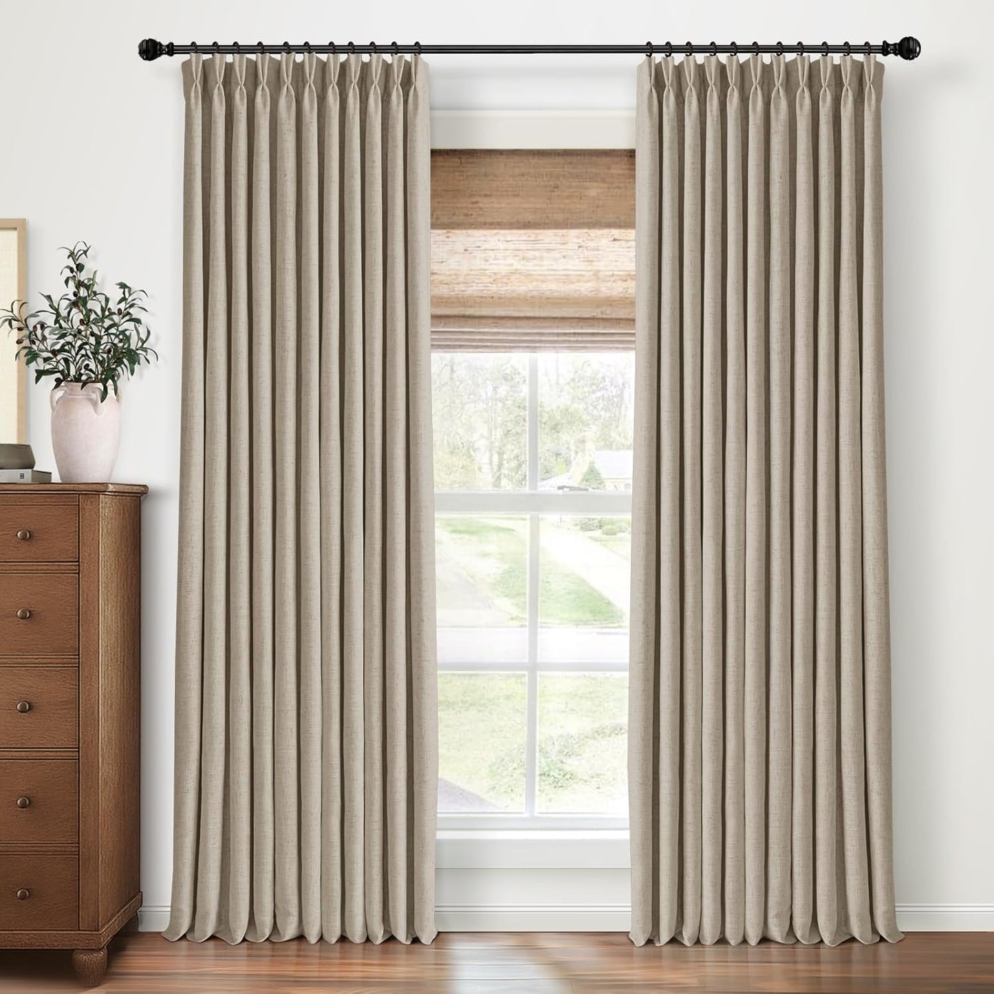 Pinch Pleated Blackout Curtains 96 Inches Long, Linen Blend, 100% Blackout Drapes with 20 Hooks, Ideal for Bedroom and Living Room, 40" W x 96" L (Pack of 2), Natural