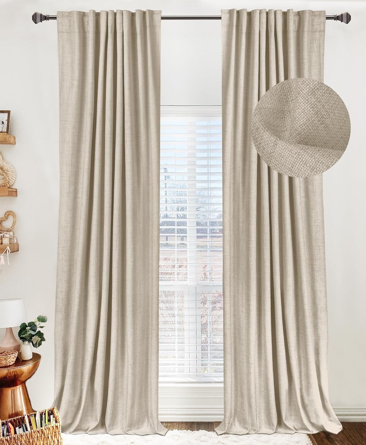 100% Blackout Shield Linen Blackout Curtains for Bedroom 120 Inches Long, Back Tab/Rod Pocket Living Room Drapes, Thermal Insulated Blackout Curtains 2 Panels Set, 50" W x 120" L, Faux Linen