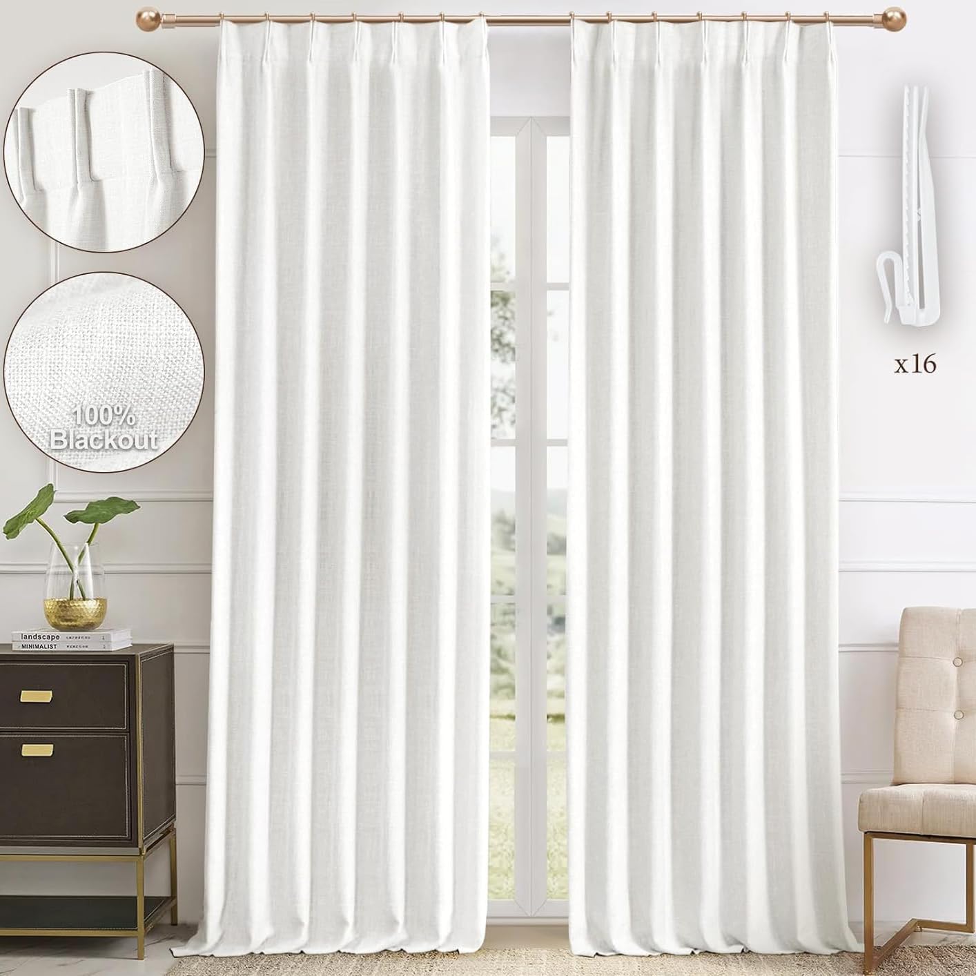 Pinch Pleated 100% Blackout Linen Curtains 95 Inches Long for Bedroom Natural Black Out Pleat Curtains for Living Dining Room Darkening Thermal Insulated Window Curtain Drapes with Pin Hooks, 2 Panels