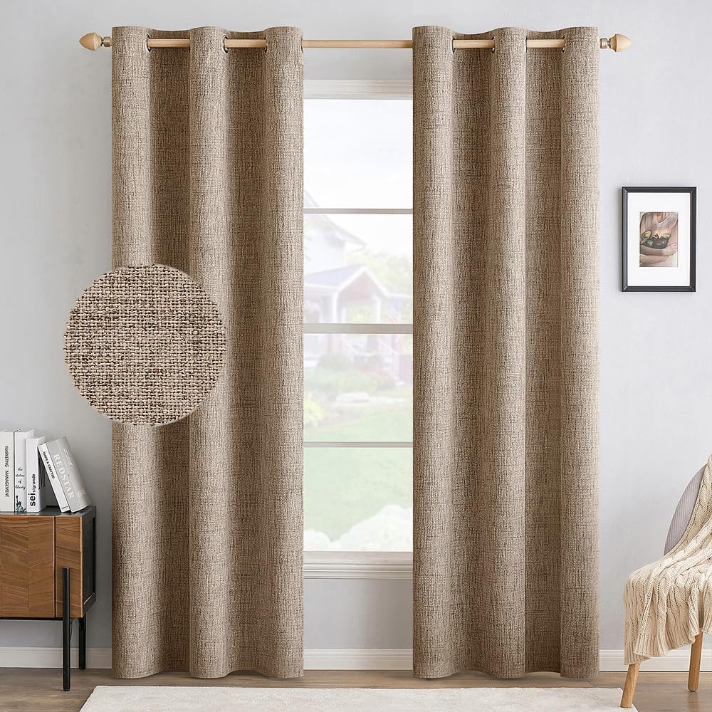 MIULEE 100% Blackout Linen Textured Curtains for Bedroom Solid Thermal Insulated Natural Beige Grommet Room Darkening Curtains & Drapes Luxury Decor for Living Room Nursery 62 x 96 Inch (2 Panels)